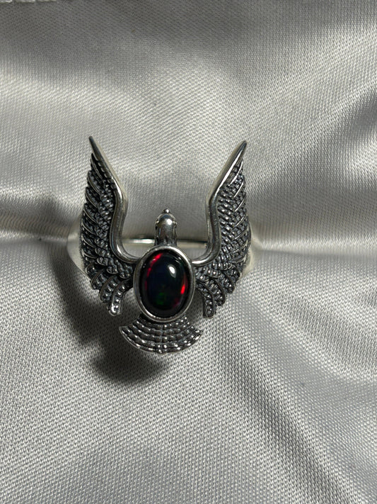 Black Opal Eagle Ring: Adjustable .925 Silver, Large Size