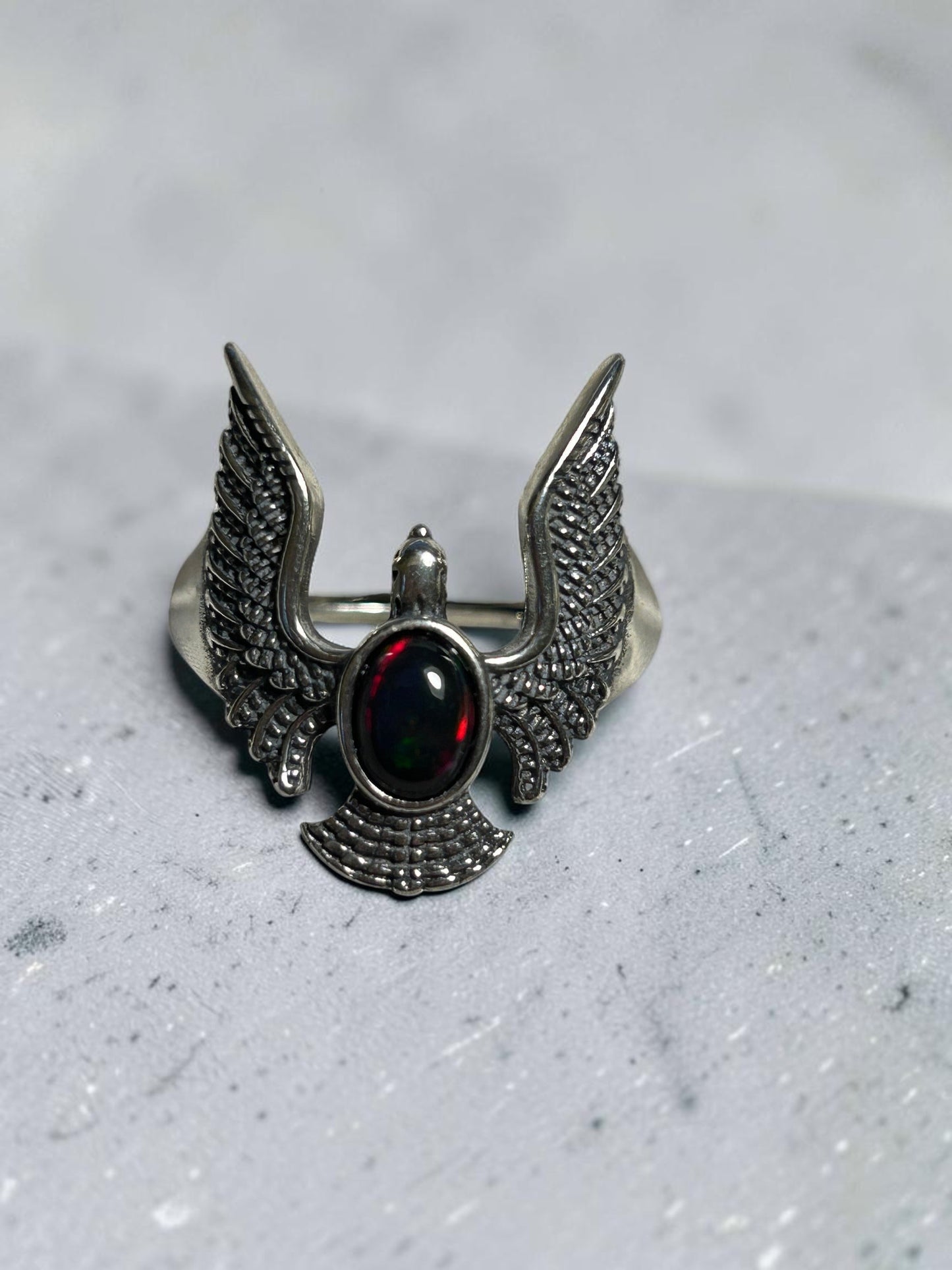 Flying Eagle Ring with Black Opal Gemstone • 925 Sterling Silver • Adjustable • Gift Box