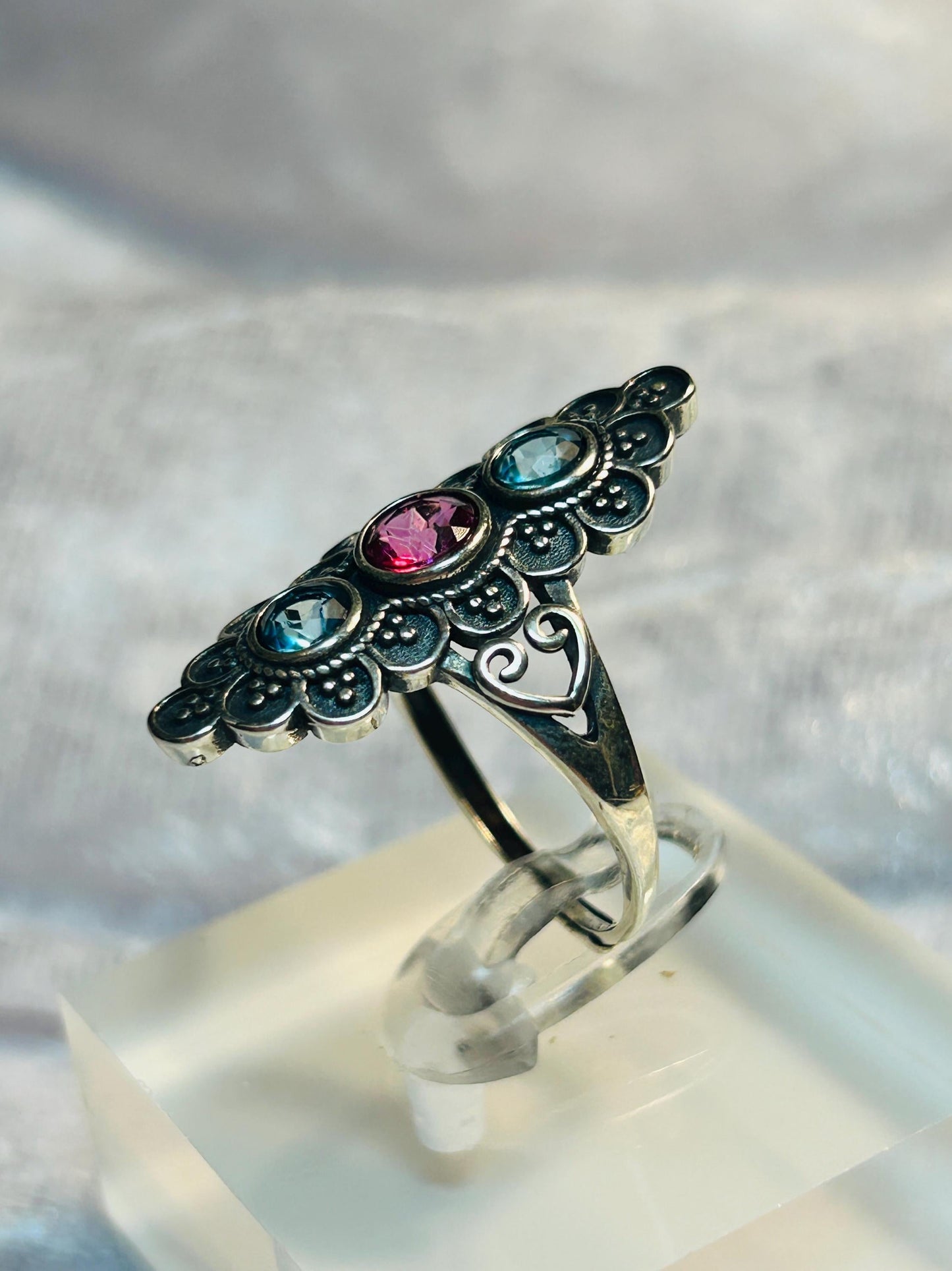 Ornate Triple Gemstone Ring with Topaz • 925 Sterling Silver • Adjustable • Gift Box
