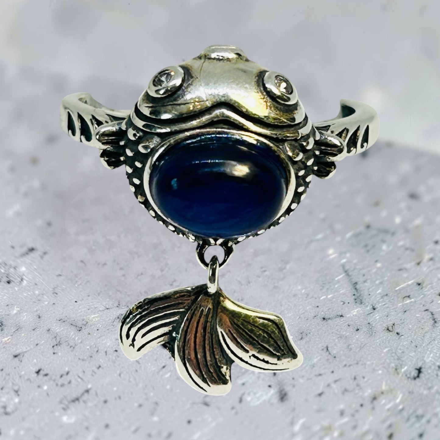 Fancy Fish Ring with Blue Kyanite Gemstone & Dangling Tail • 925 Sterling Silver • Adjustable • Gift Box