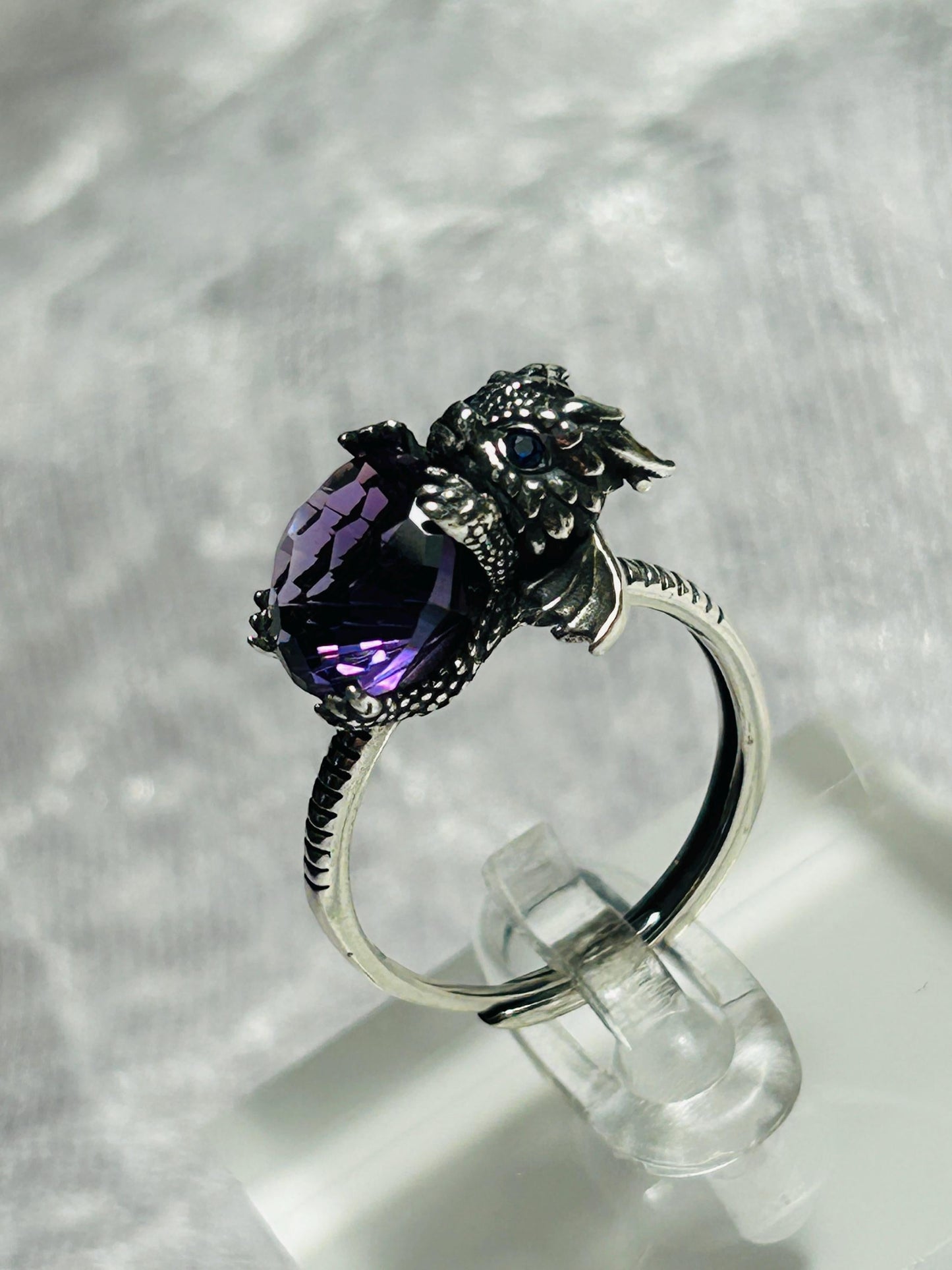 Baby Dragon Ring with Faceted Amethyst Gemstone • Adjustable • Gift Box