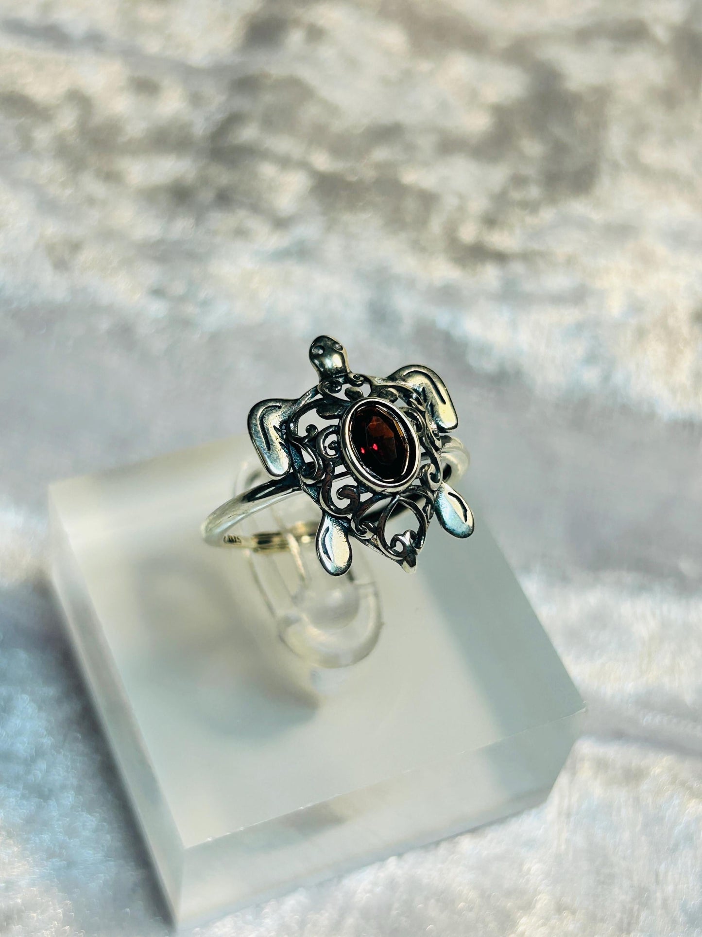 Turtle Ring with Garnet Gemstone • 925 Sterling Silver• Adjustable • Gift Box