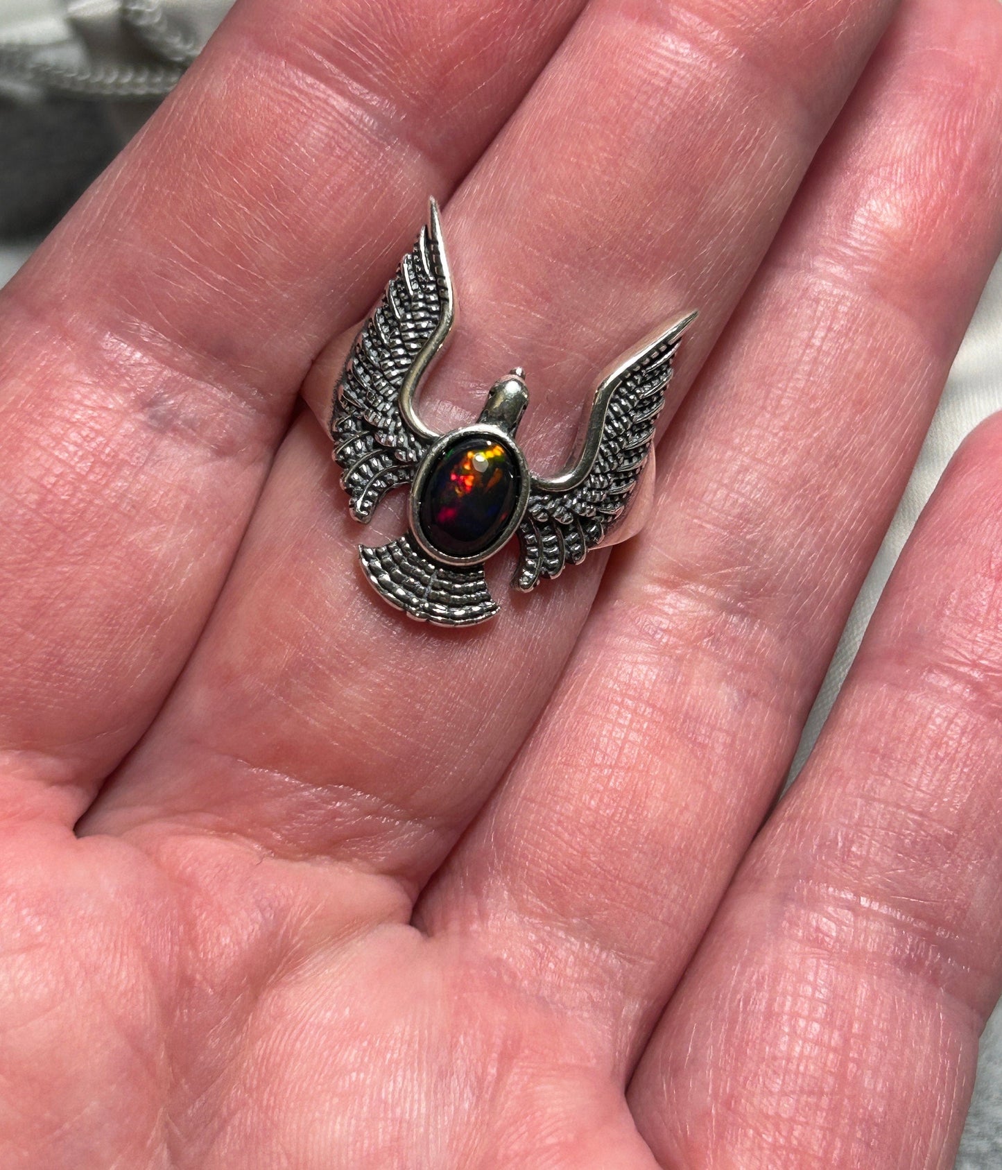 Flying Eagle Ring with Black Opal Gemstone • 925 Sterling Silver • Adjustable • Gift Box