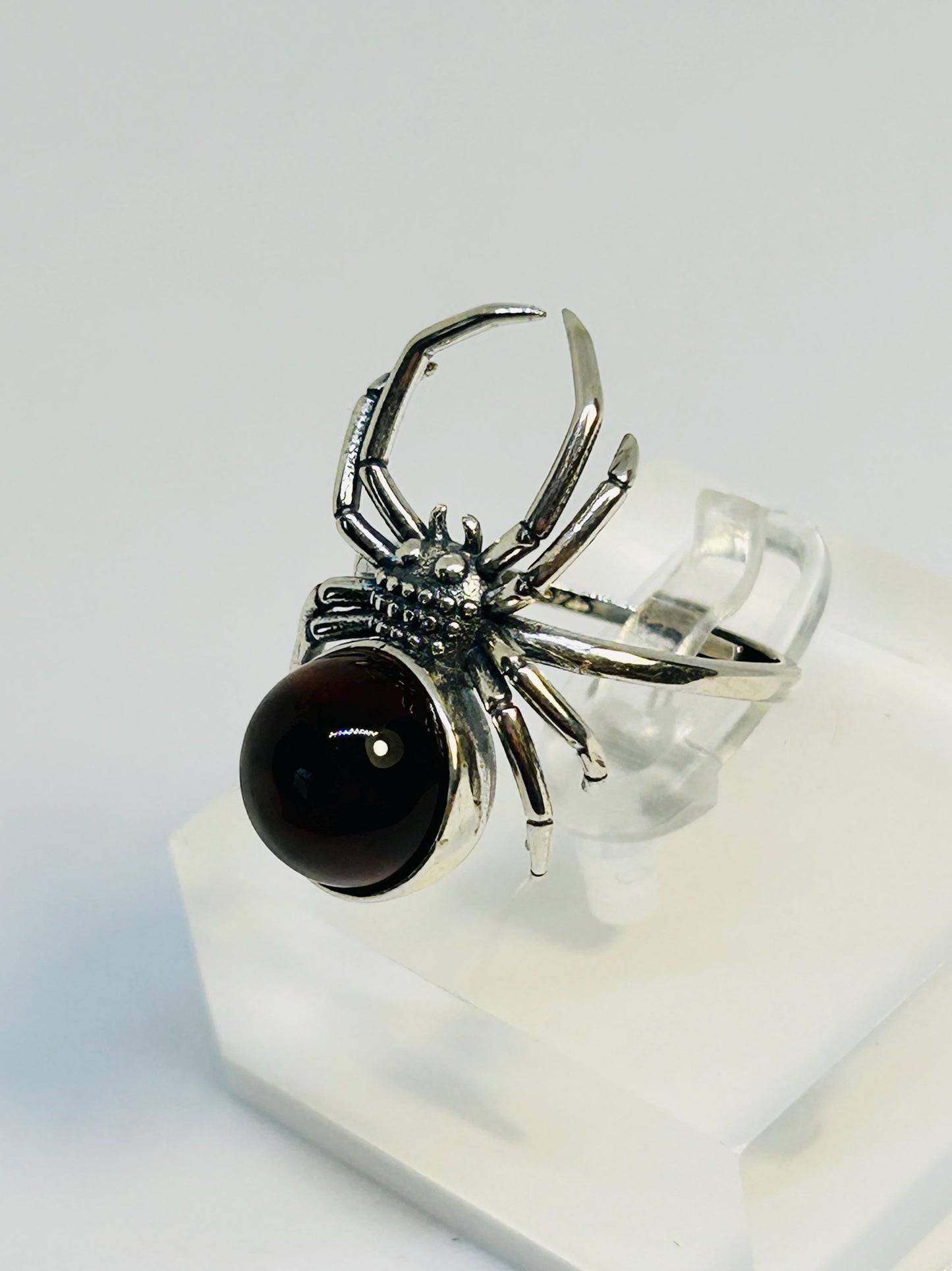 Gothic Spider Ring with Red Tigers Eye Gemstone • 925 Sterling Silver • Adjustable • Gift Box