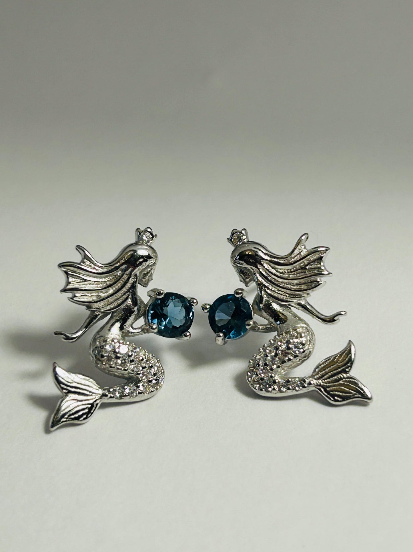 Mermaid Earrings With CZ - 925 Silver With Blue Topaz Gemstones - Supplied In Gift Box
