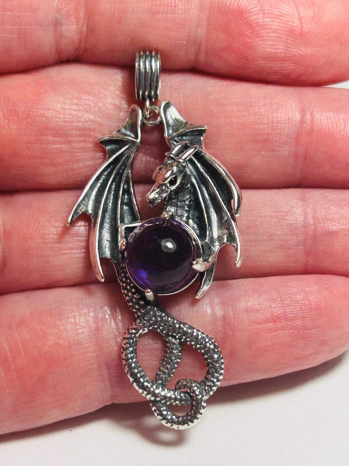 Dragon Pendant with Amethyst Gemstone • 925 Sterling Silver • Gift Box
