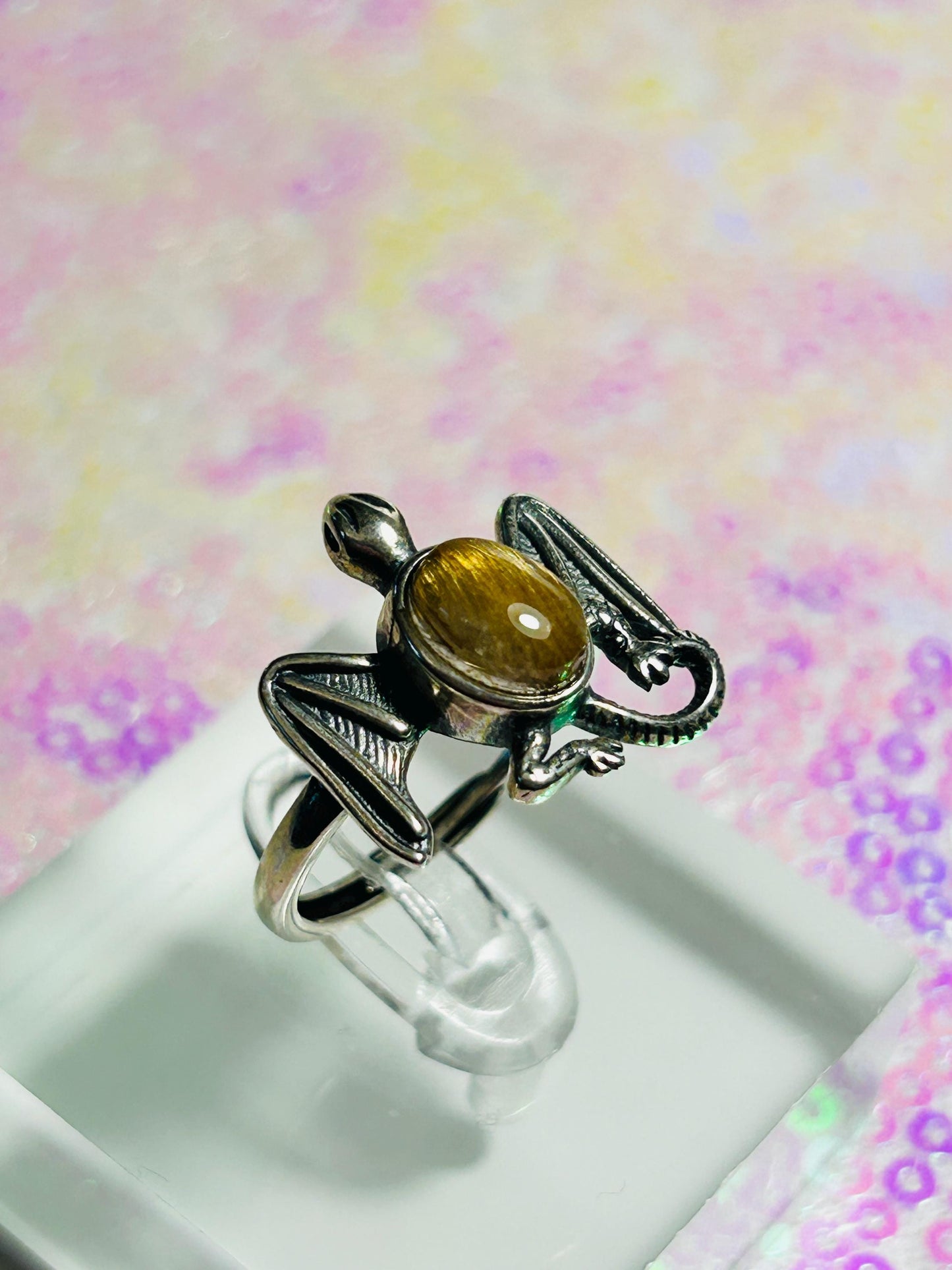 Silver Dragon Ring: Gold Rutilated Quartz Gemstone, Adjustable Band