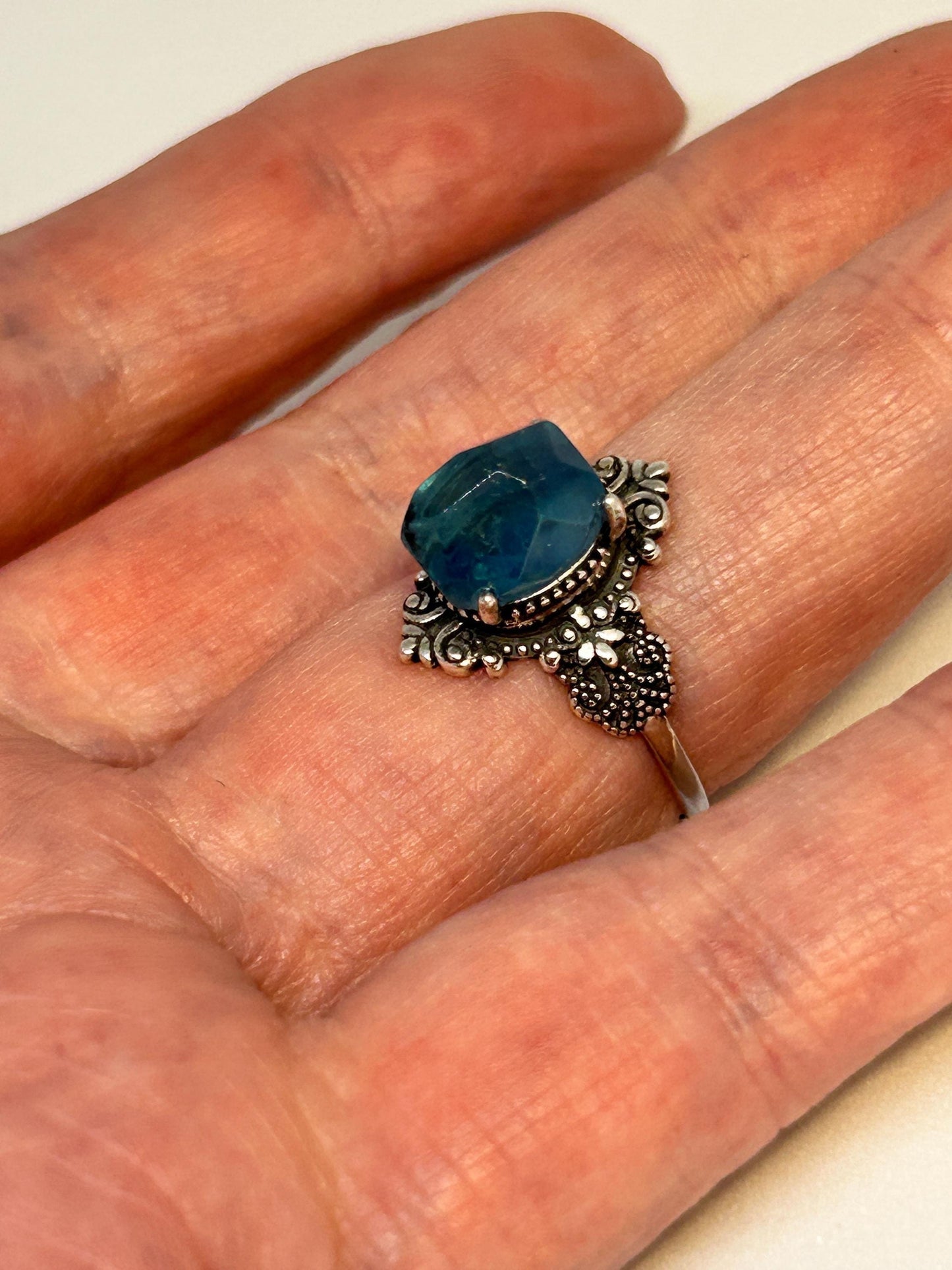 Fleur De Lys Ring with Aquamarine Gemstone • 925 Sterling Silver • Adjustable • Gift Box