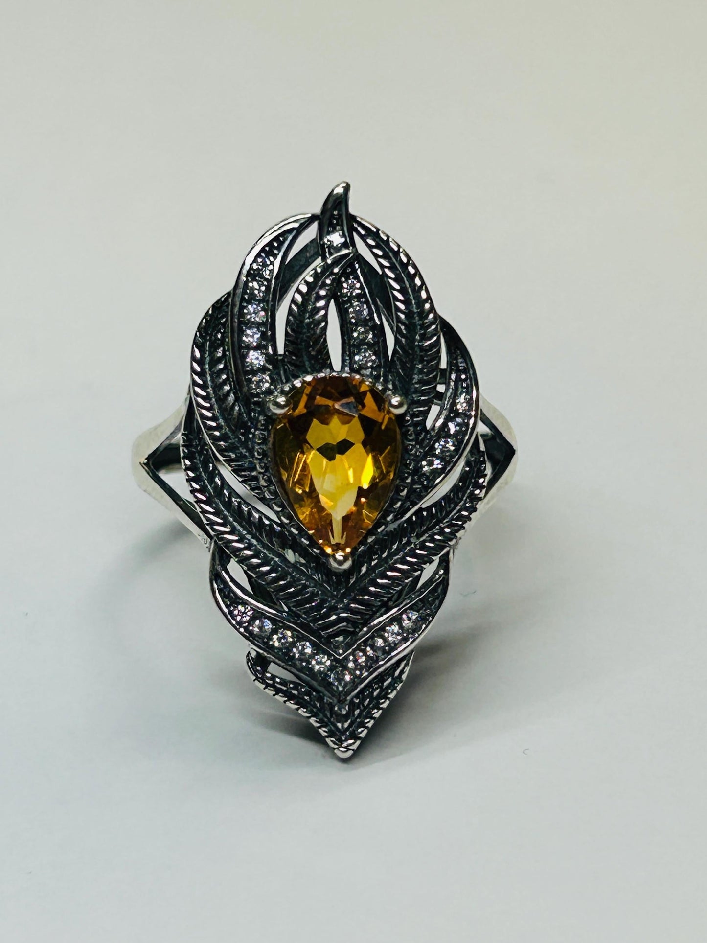 925 Silver Feather Ring • Peacock Feather with Citrine Gemstone • CZ Accents • Adjustable • Giftbox