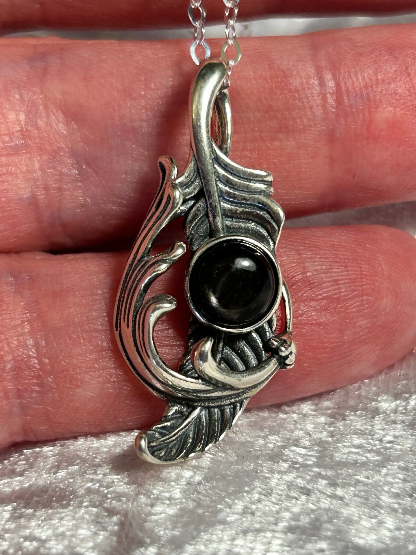 925 Silver Feather Pendant with Hypersthene Gemstone - Gift Boxed