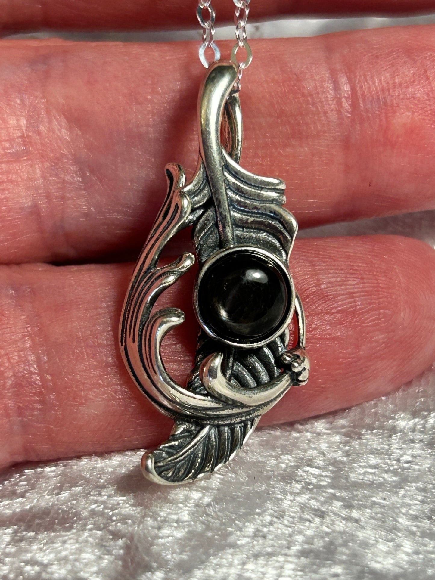 Feather Pendant with Hypersthene Gemstone • 925 Sterling Silver • Gift Box