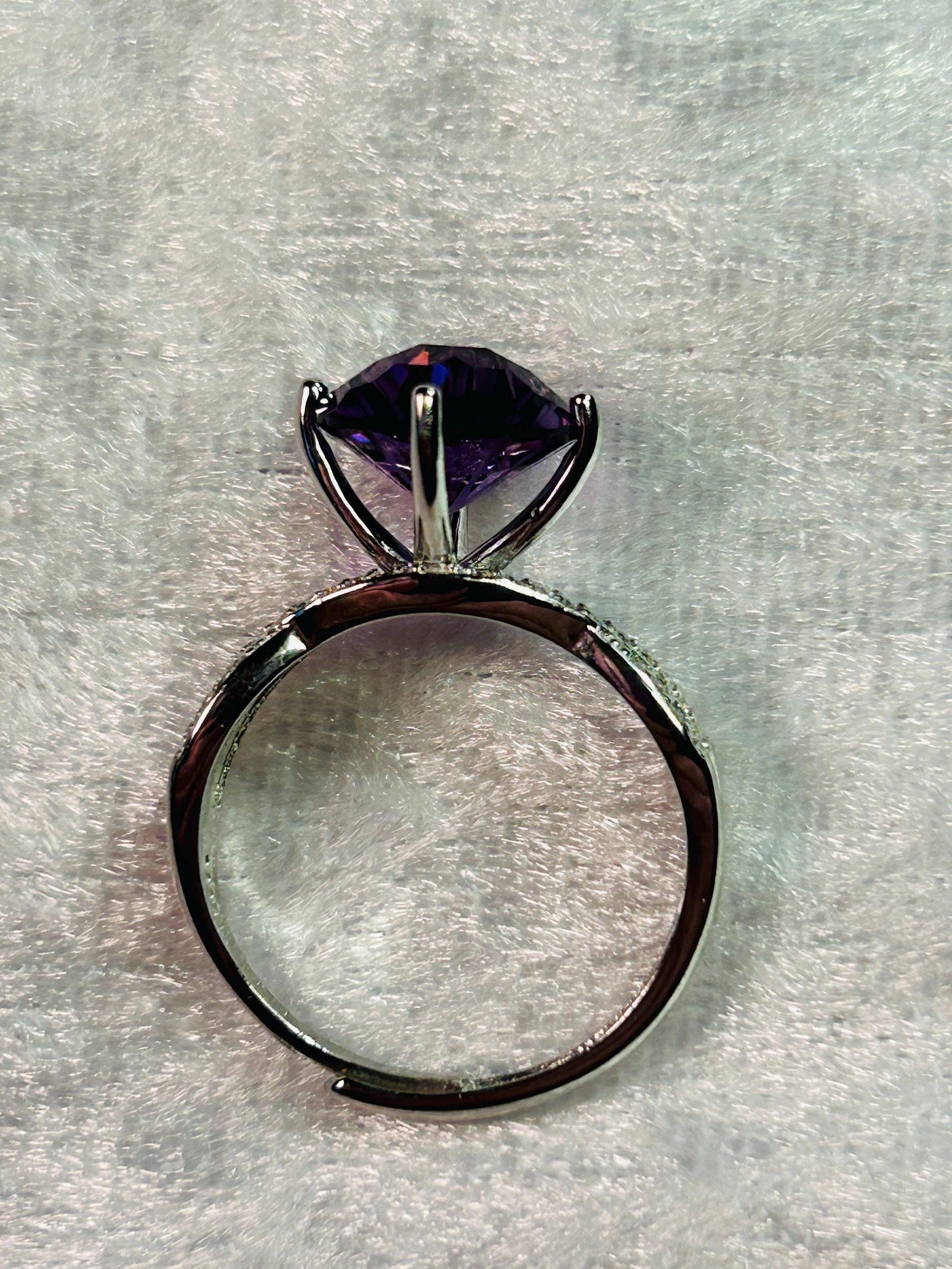 Chunky Amethyst Ring • Large Solitaire • CZ Triple Band • 925 Sterling Silver • Adjustable • Gift Box