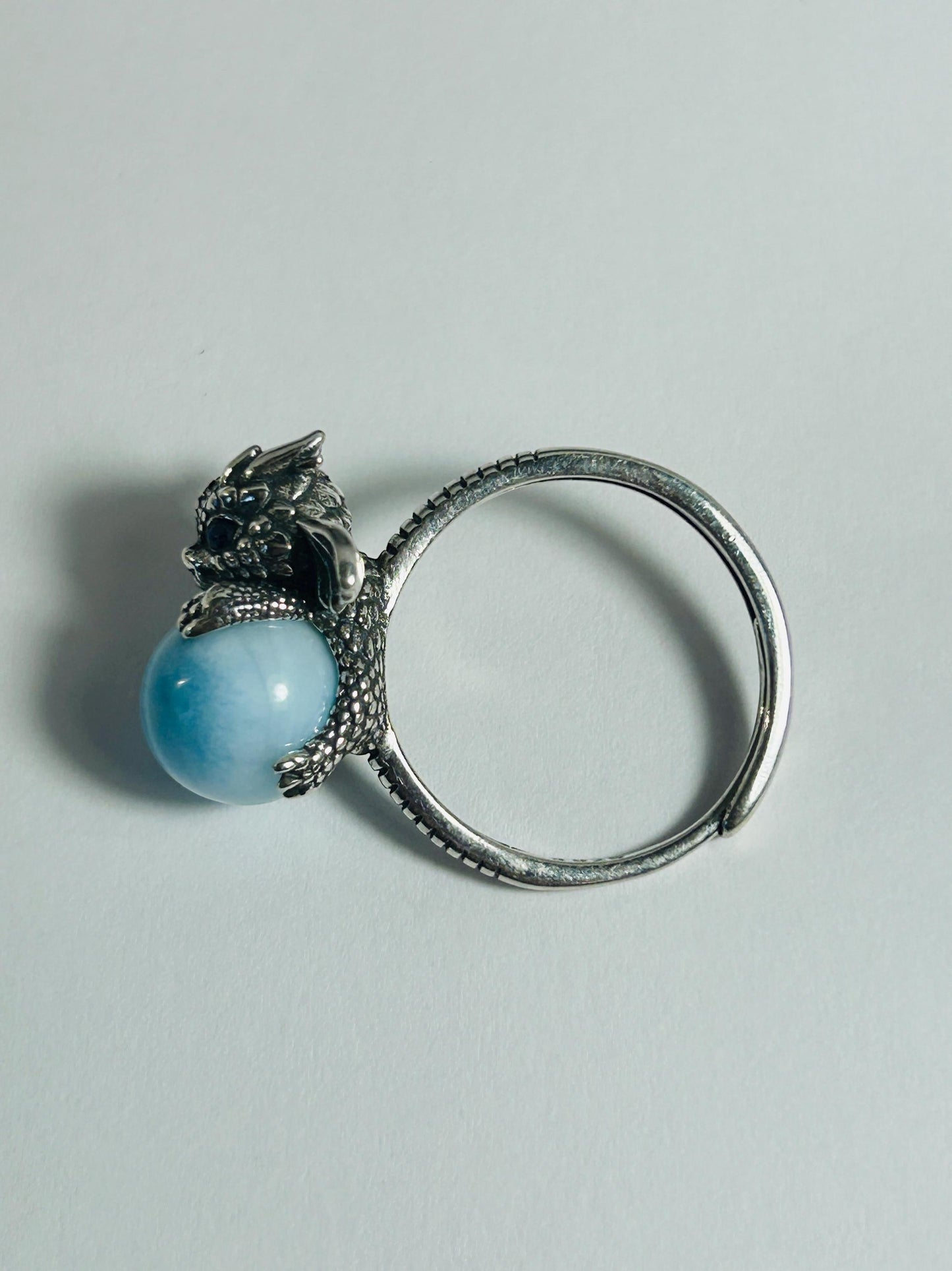 925 Silver Larimar Dragon Ring • Adjustable • Giftbox