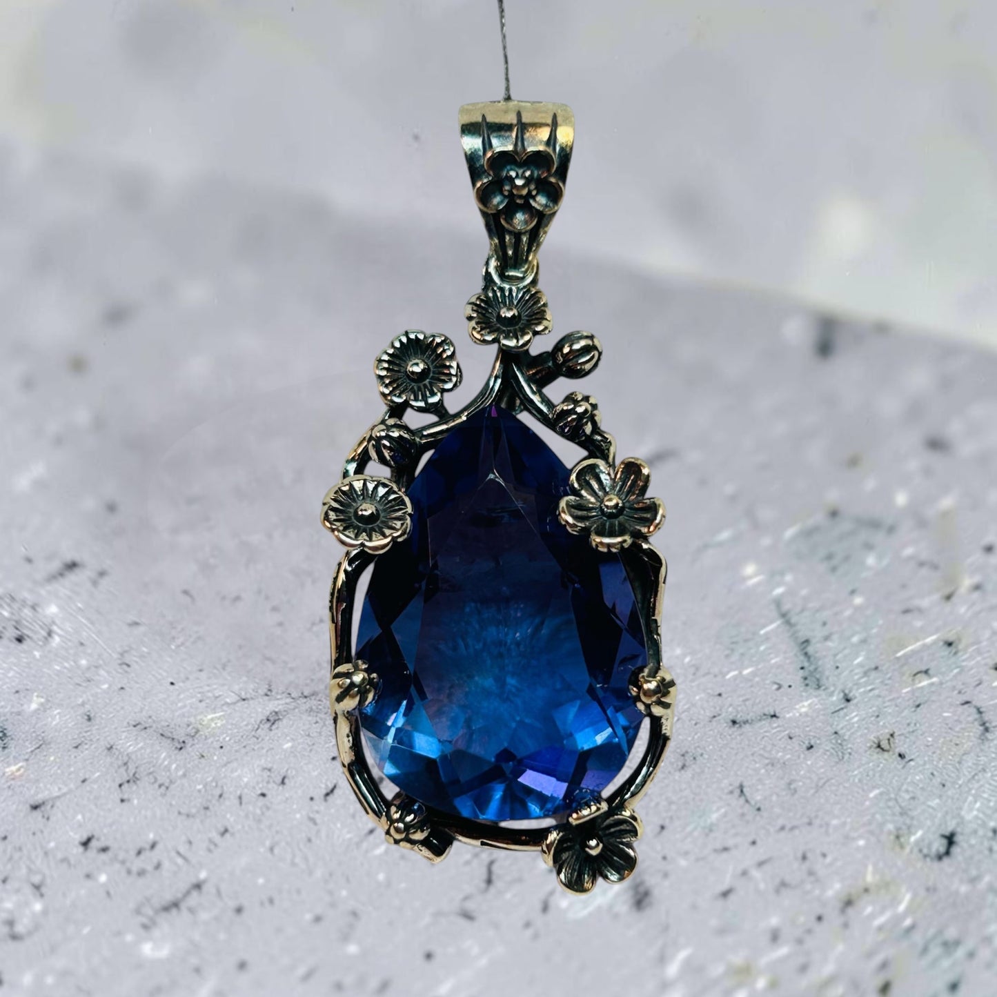 Chunky Floral Pendant with Blue Fluorite Gemstone • 925 Sterling Silver • Gift Box