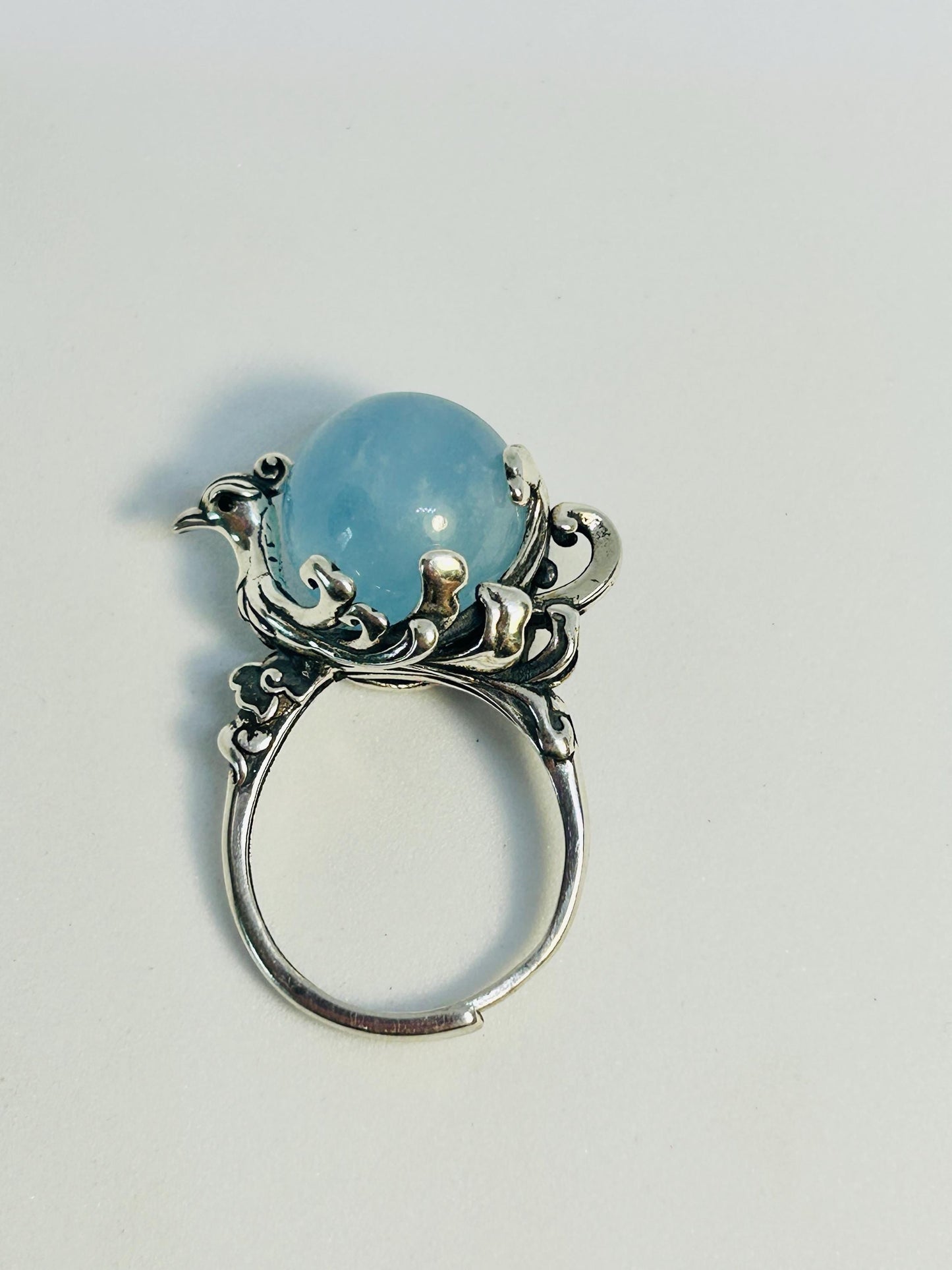 Large Phoenix Ring with Aquamarine Sphere Gemstone • 925 Sterling Silver • Adjustable • Gift Box