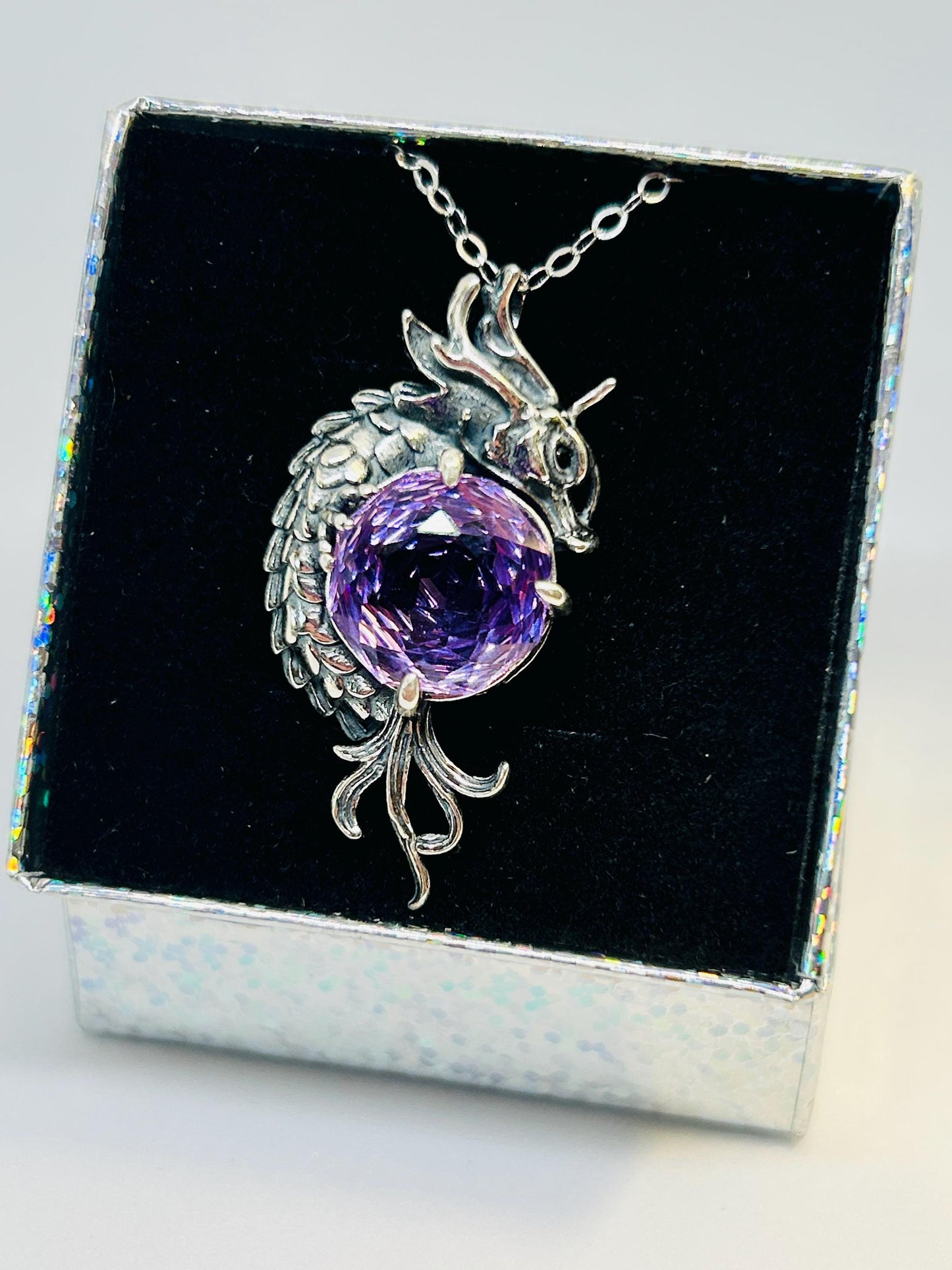 Amethyst Dragon Pendant | 925 Sterling Silver Necklace | Handcrafted Fantasy Jewellery | Gift for Her