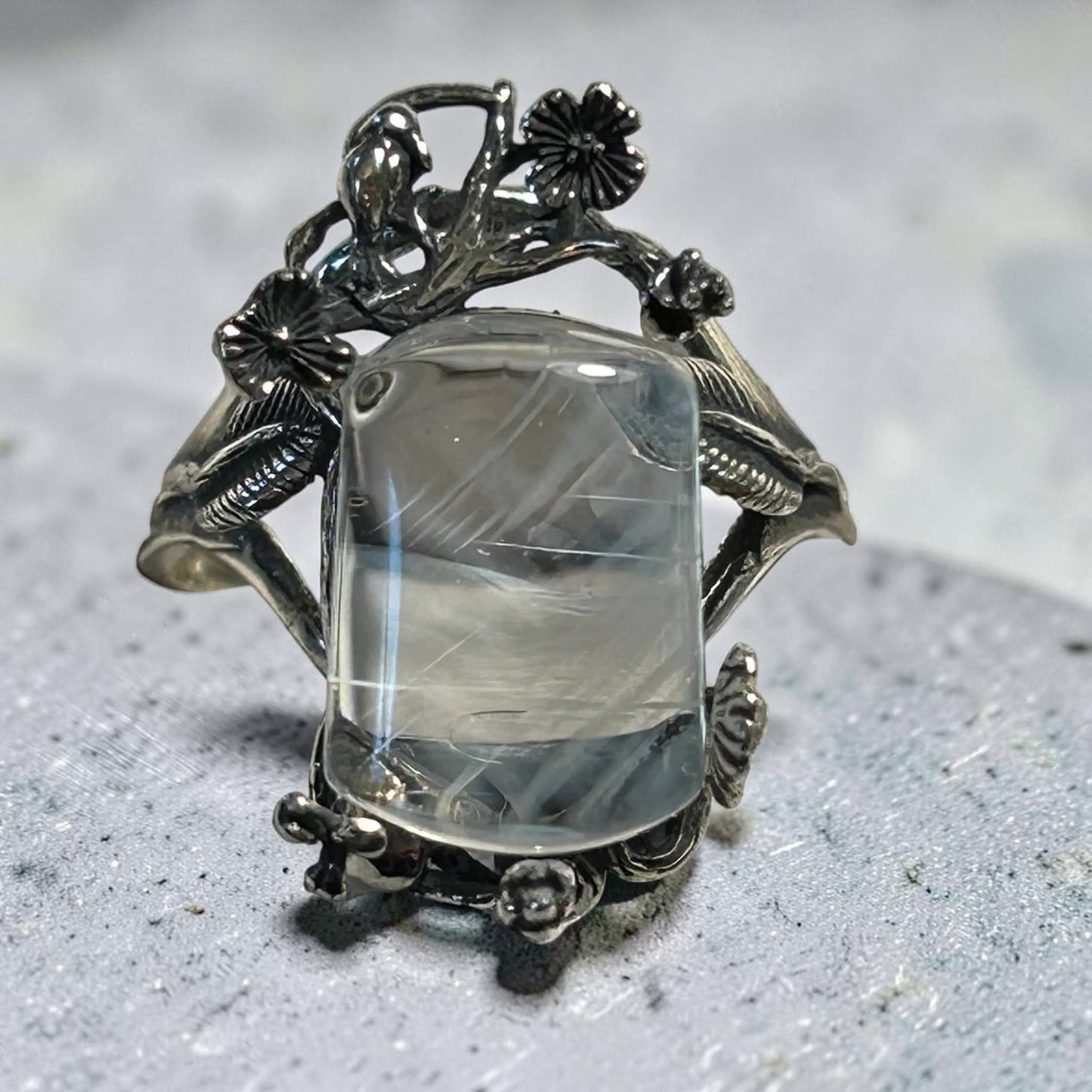 925 Silver Blue Needle Quartz Ring • Floral Design • Adjustable • Giftbox
