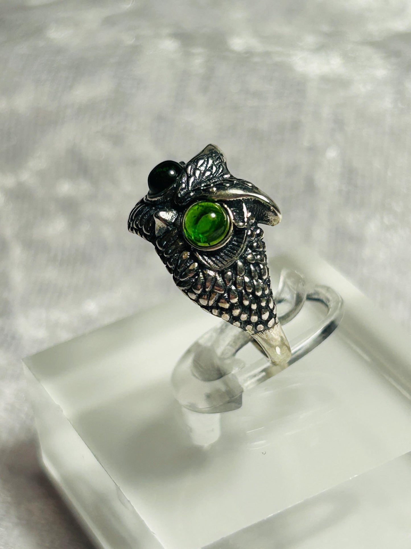 Chunky Owl Ring with Green Diopside Gemstones • 925 Sterling Silver • Adjustable • Gift Box