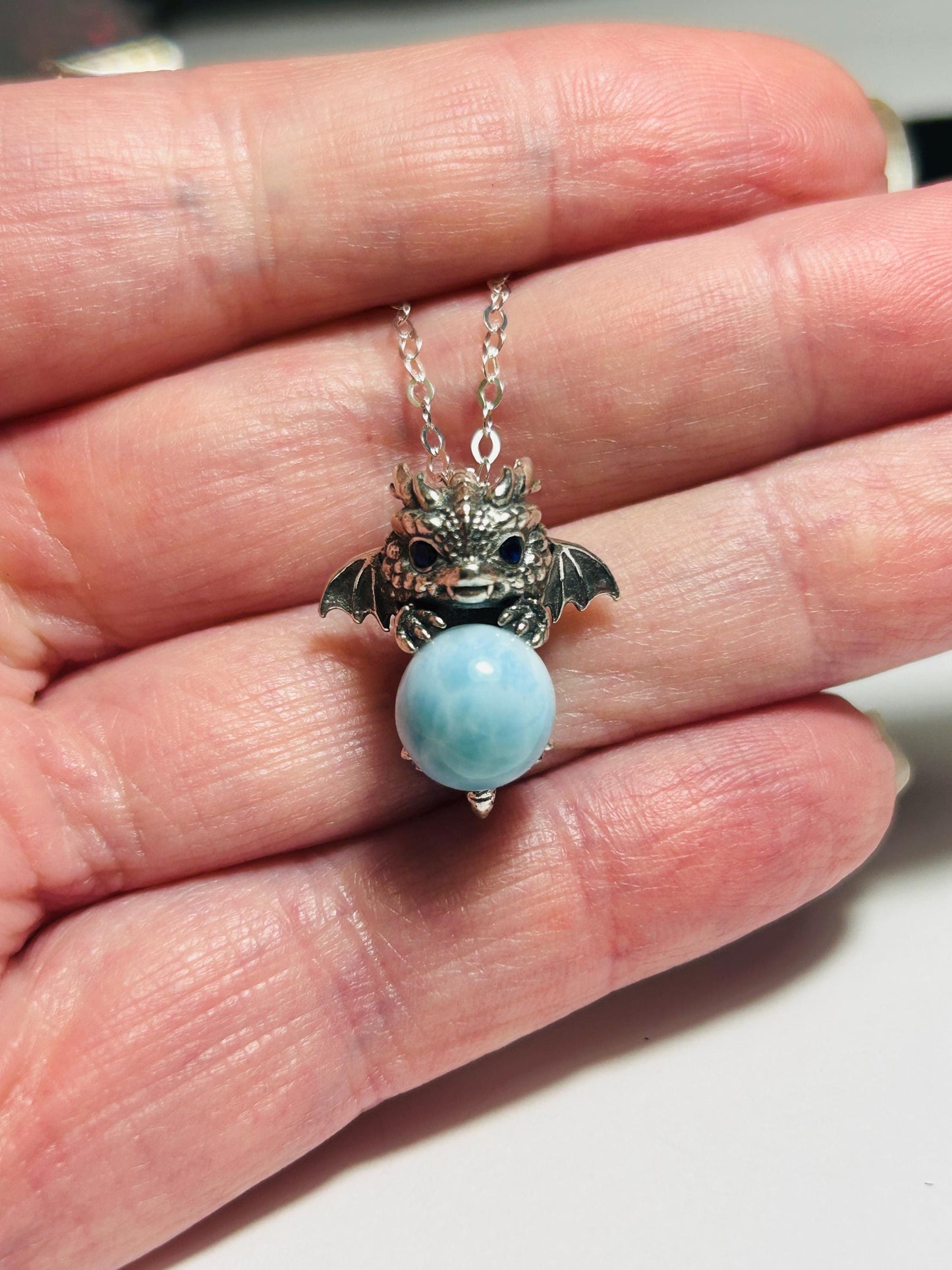 Sterling Silver Baby Dragon Pendant With Larimar Gemstone - 925 - Gift Boxed - Item No.2