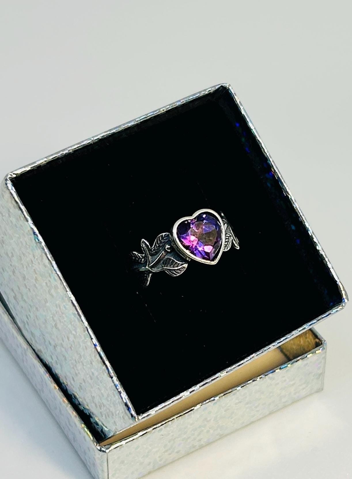 Crystal Heart Ring with Faceted Amethyst Gemstone • 925 Sterling Silver • Adjustable • Gift Box