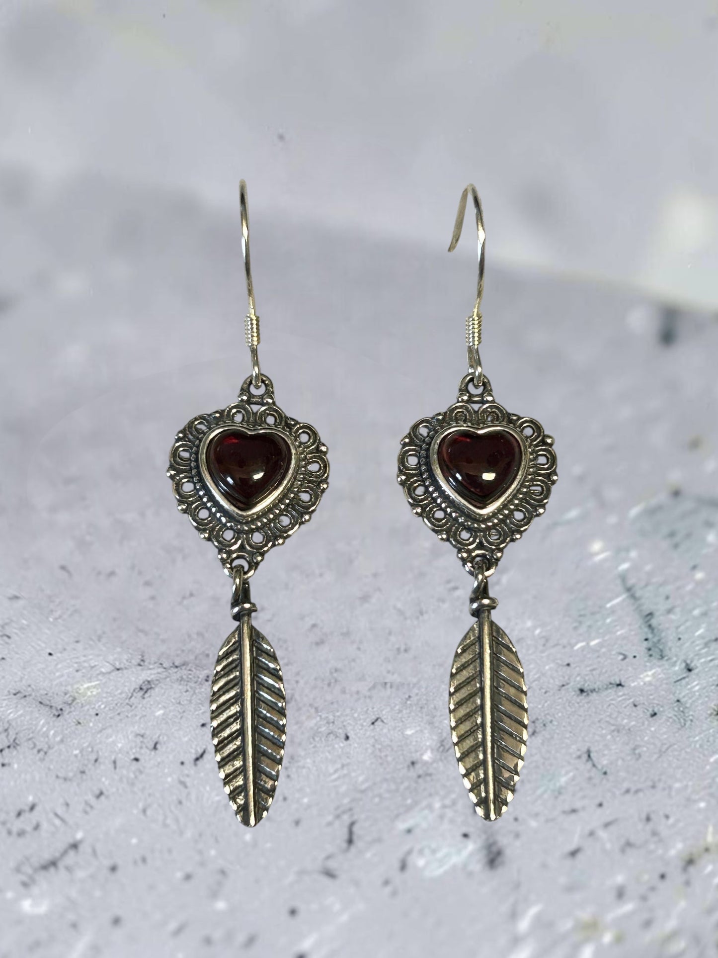 Garnet Heart Earrings with Feather Droppers • 925 Sterling Silver • Gift Box