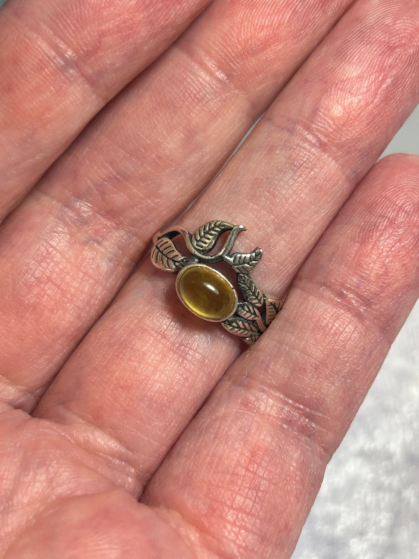 Golden Prehnite Ring: Sterling Silver Vine Leaf, Adjustable