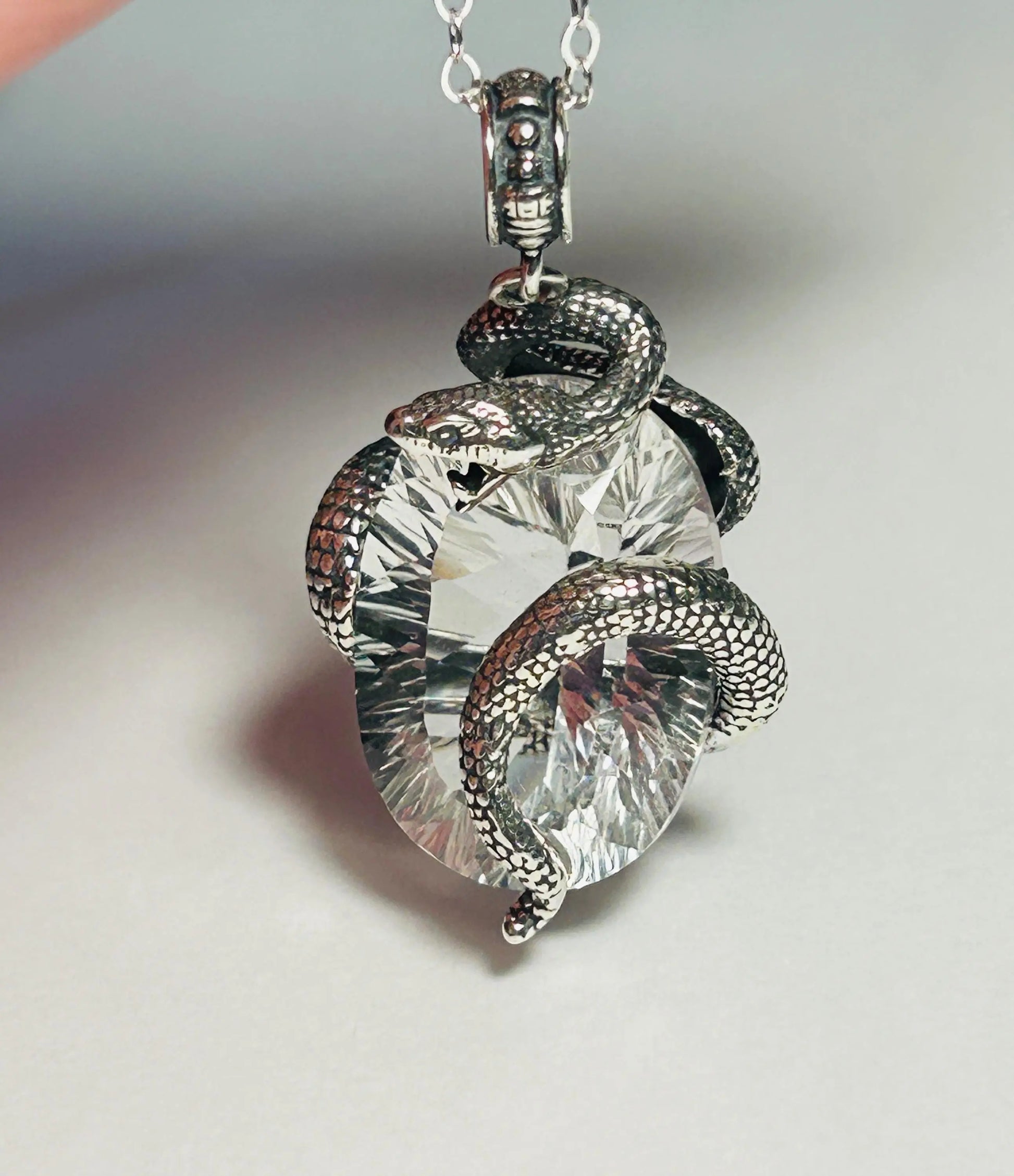 Coiled Snake Pendant with Clear Quartz Gemstone • 925 Sterling Silver • Gift Box Celtic Dragon Jewellery