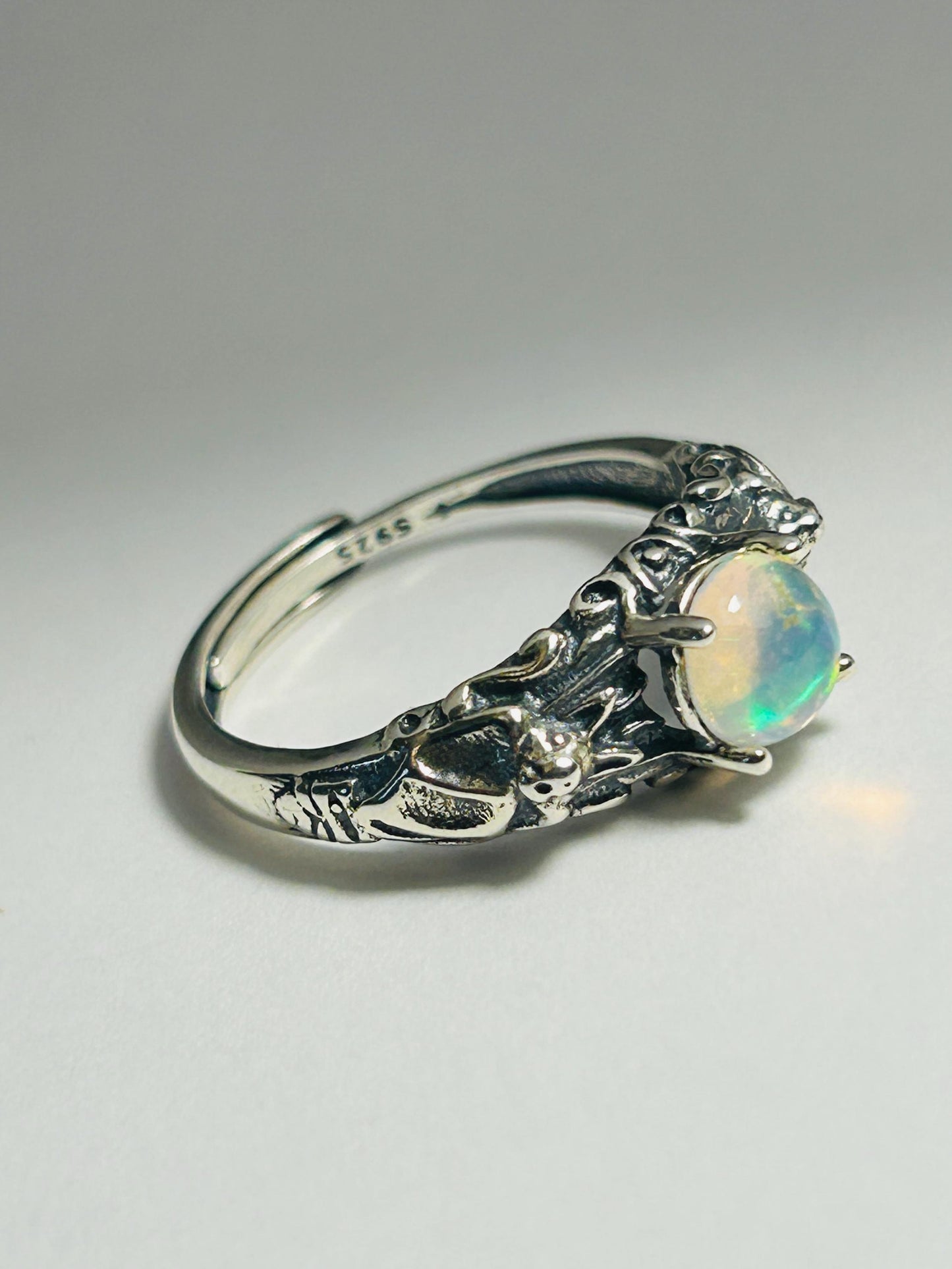 Bat Ring With Opal Gemstone - 925 Sterling Silver - Adjustable - Gift Boxed
