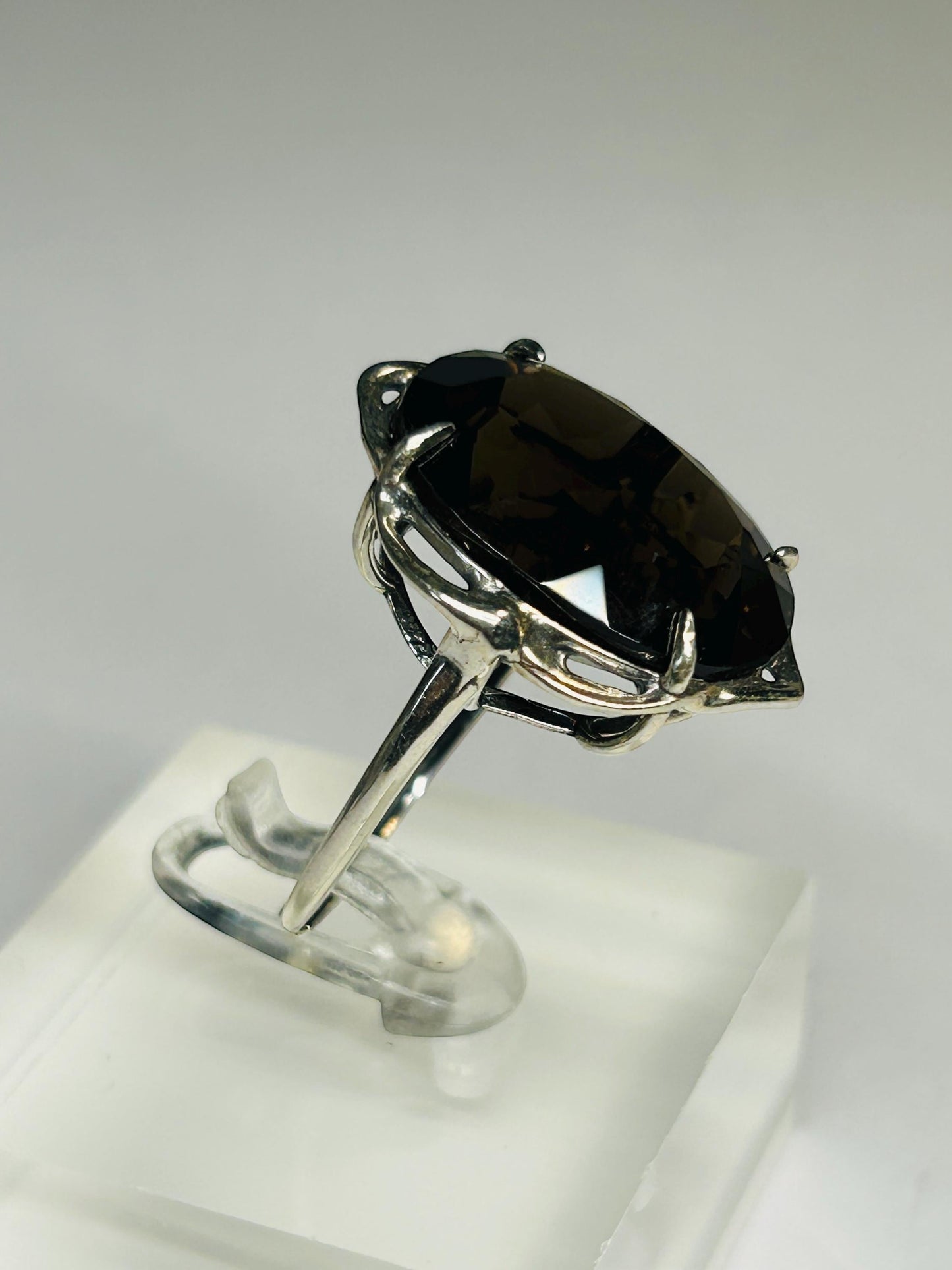 Smoky Quartz Ring • Large Faceted Oval • 925 Sterling Silver with Gift Box