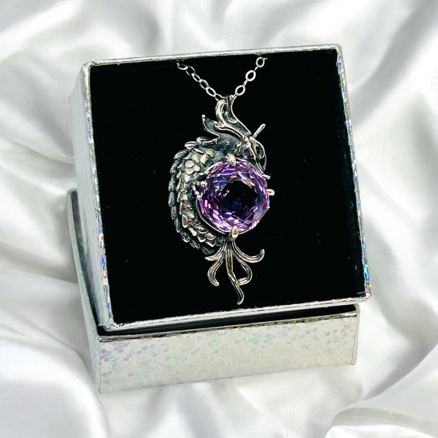 Amethyst Dragon Pendant | 925 Sterling Silver Necklace | Handcrafted Fantasy Jewellery | Gift for Her