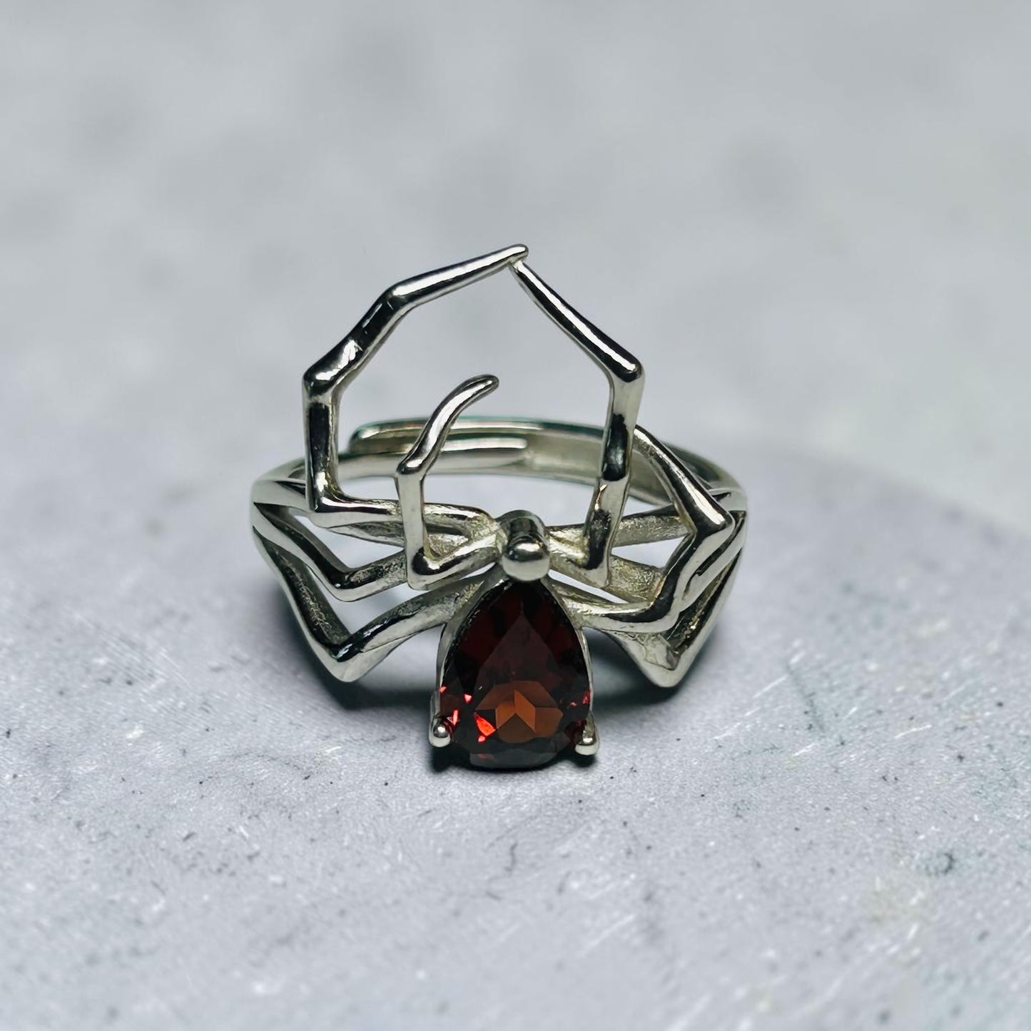 Spider Ring With Garnet Gemstone - 925 Silver Ring - Adjustable - Supplied In Gift Box
