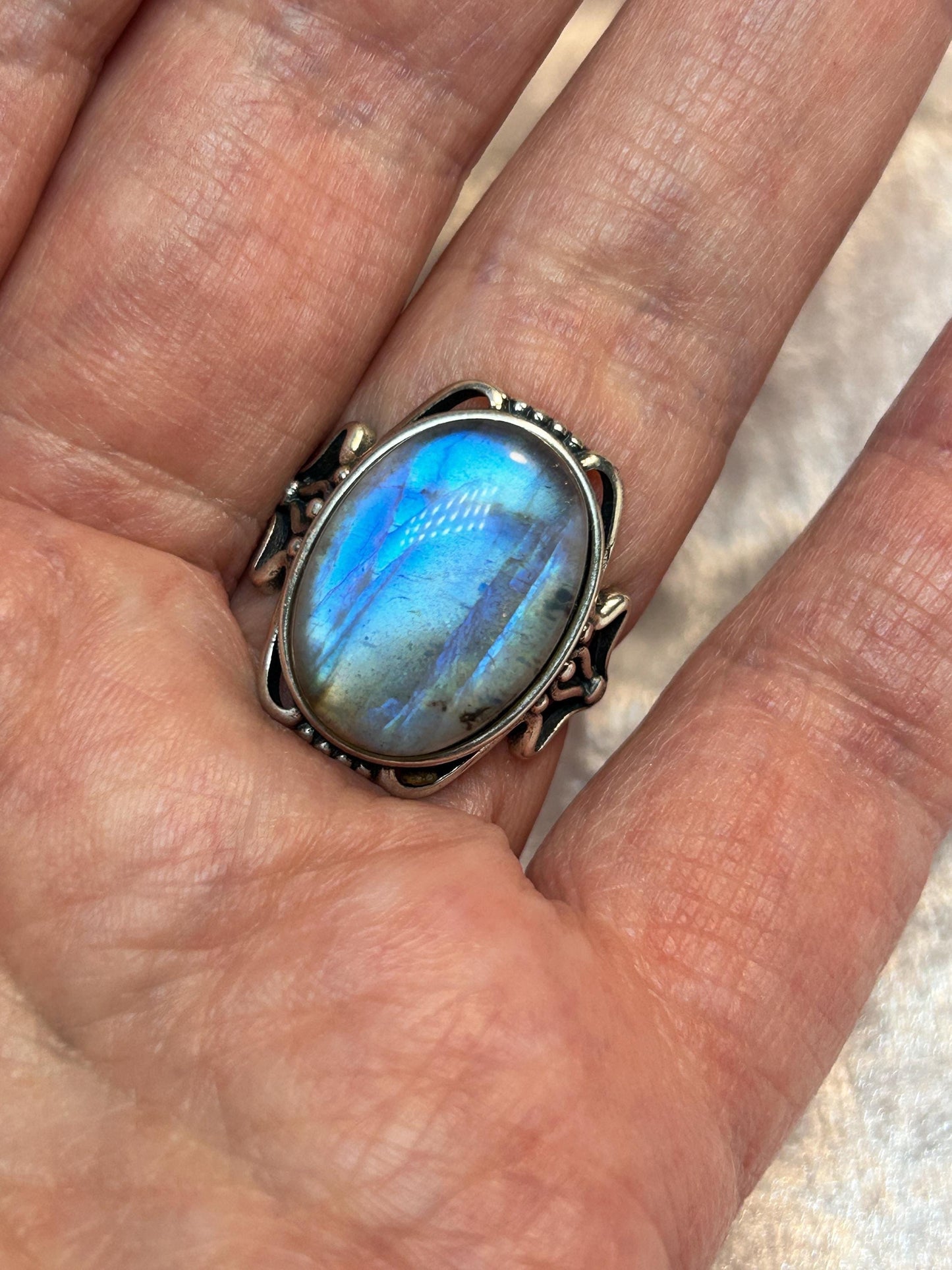 High Flash Labradorite Ring • 925 Sterling Silver • Adjustable • Gift Box