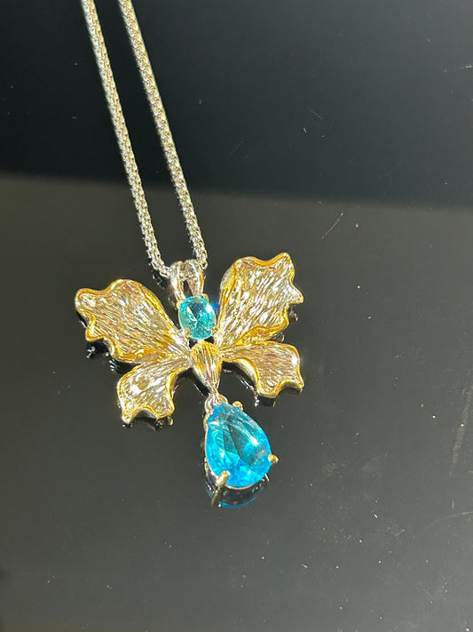 Aqua Blue CZ Crystal Butterfly Necklace - Gold Plated Costume Jewellery