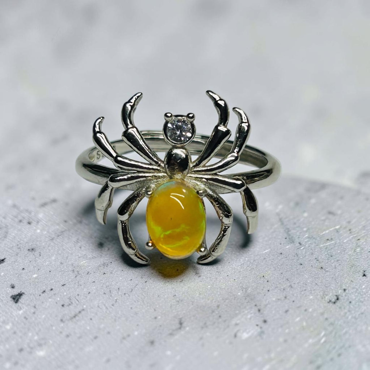 925 Silver Spider Ring with Opal - Adjustable Statement Gemstone Jewellery with CZ - Gift Boxed