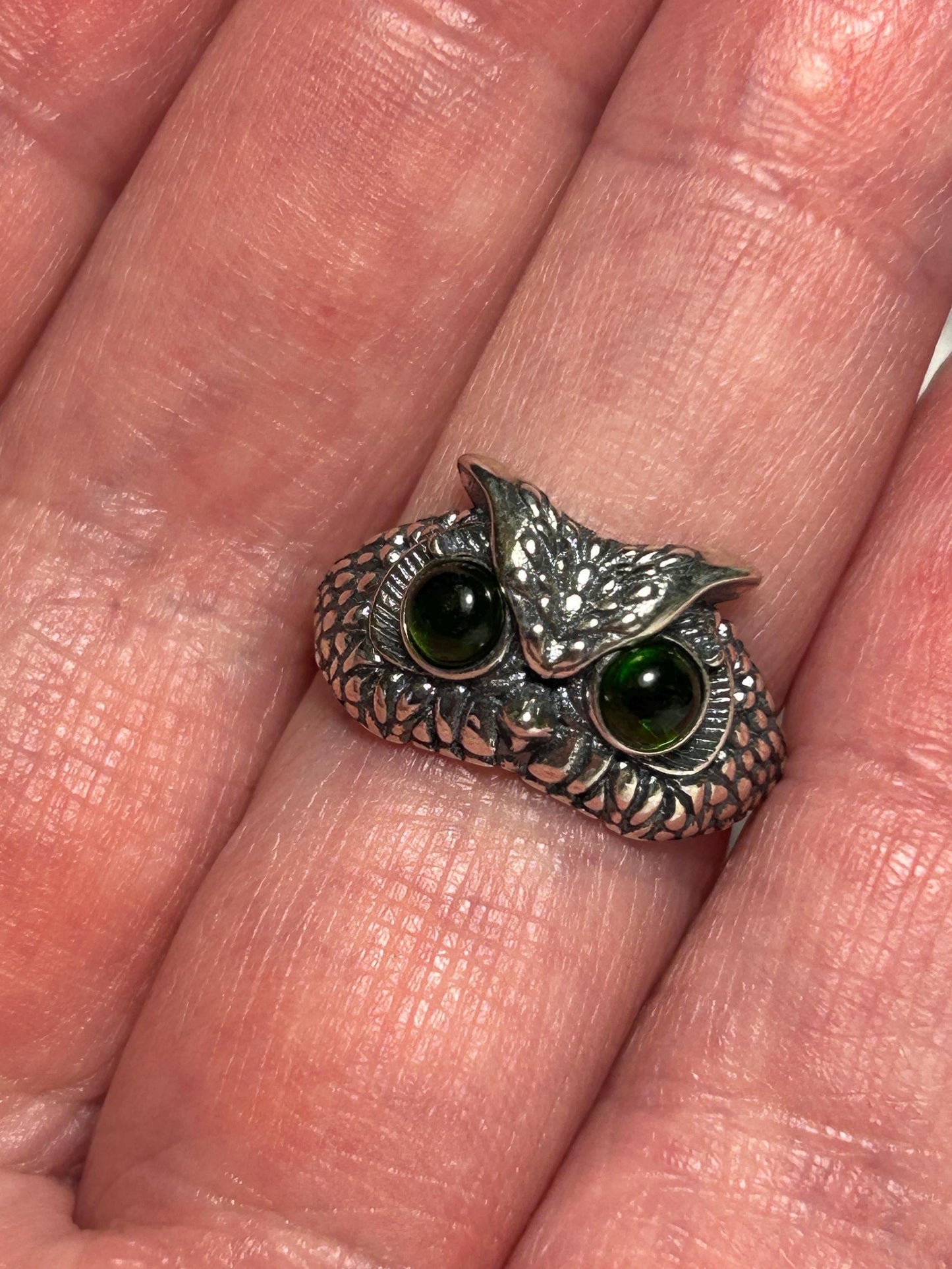 Chunky Owl Ring with Green Diopside Gemstones • 925 Sterling Silver • Adjustable • Gift Box