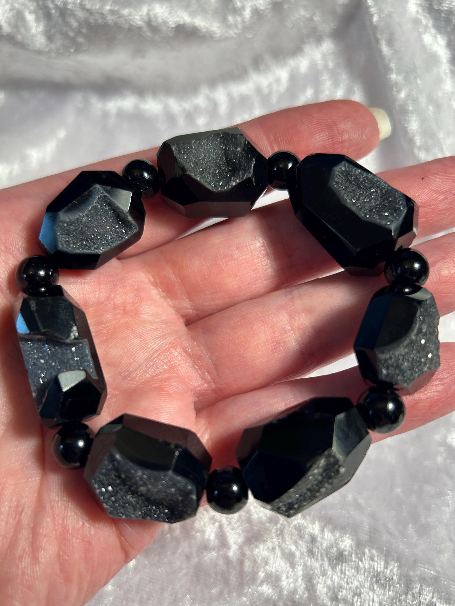 Chunky Black Agate Bracelet: Druzy Gemstone Beaded Jewelry