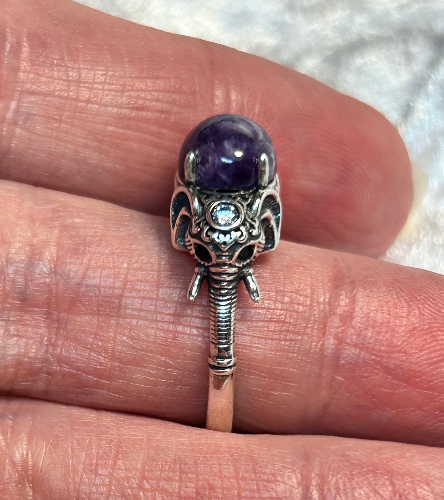Elephant Ring with Charoite Gemstone • 925 Sterling Silver • Adjustable • Gift Box