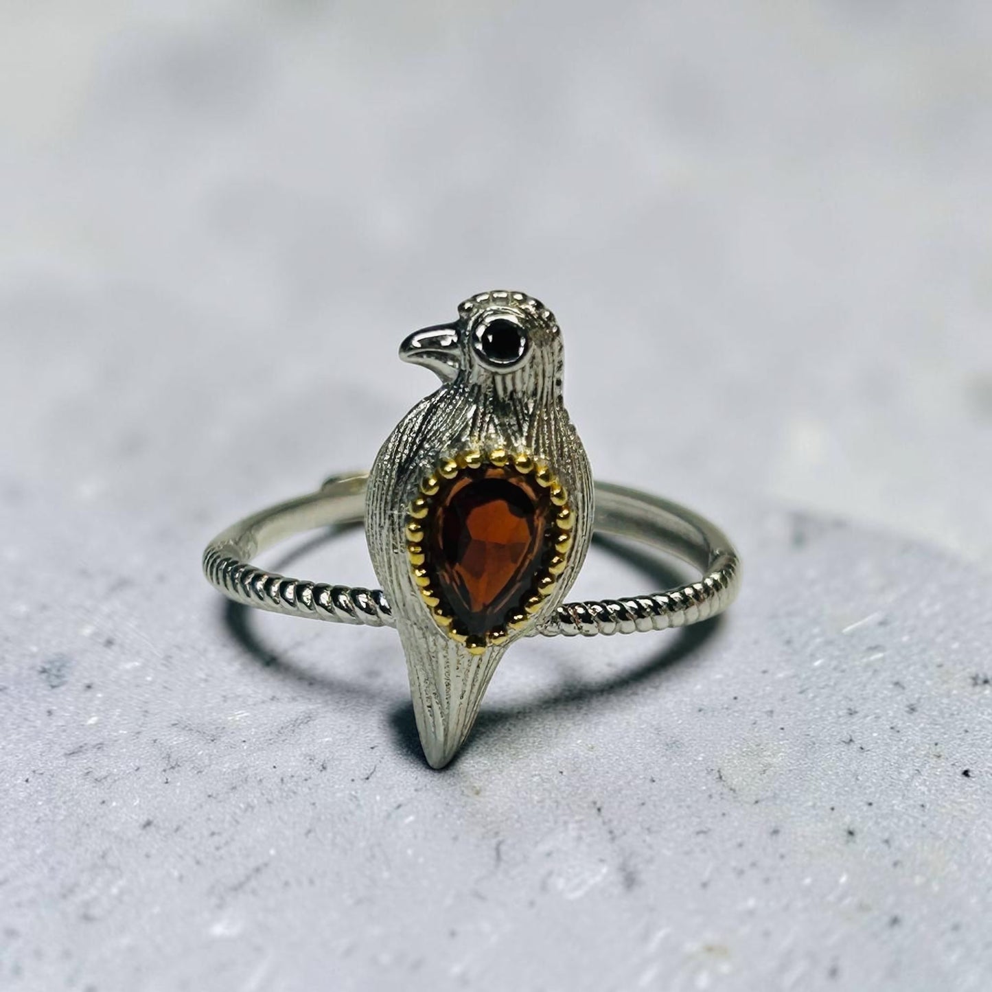 Dainty Bird Ring With Garnet Gemstone • 925 Sterling Silver • Adjustable with Gift Box