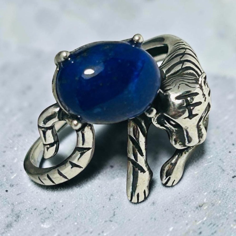 Tiger Ring with Lapis Lazuli Gemstone • 925 Sterling Silver • Adjustable • Gift box