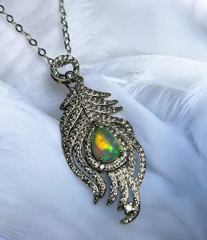 Sterling Silver Peacock Feather Pendant: Rainbow Opal & CZ