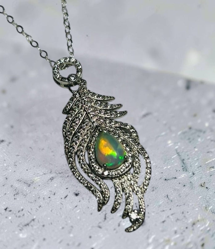 Peacock Feather Pendant • 925 Sterling Silver • CZ Accents • Gift Box