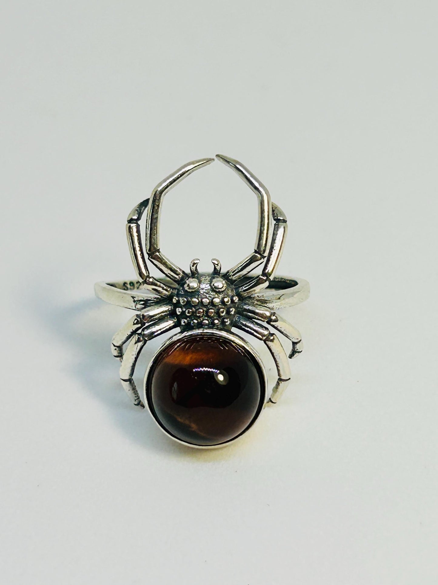 Gothic Spider Ring with Red Tigers Eye Gemstone • 925 Sterling Silver • Adjustable • Gift Box