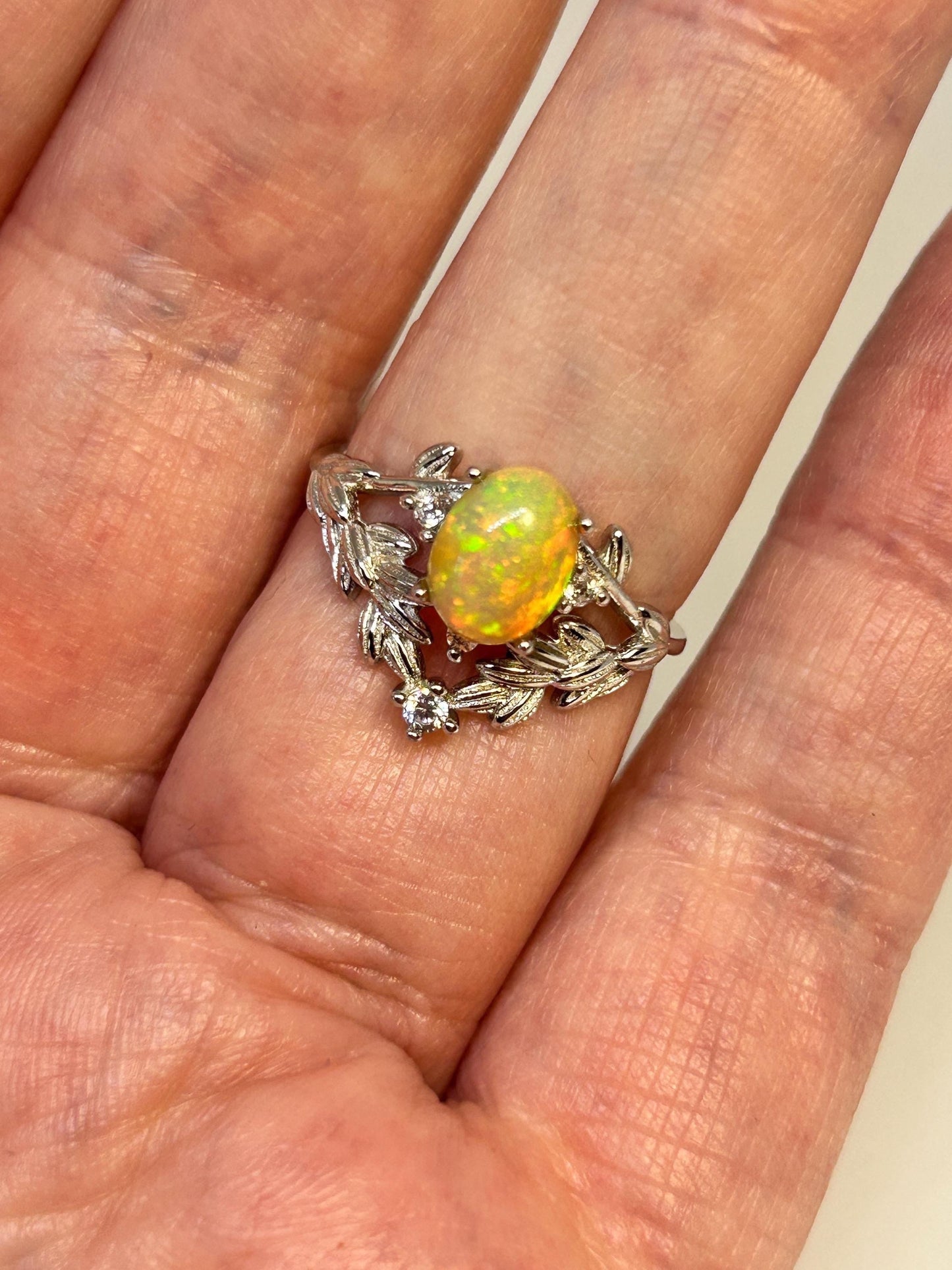 Leaf Ring with Opal Gemstone & CZ Accents • 925 Sterling Silver • Adjustable • Gift Box