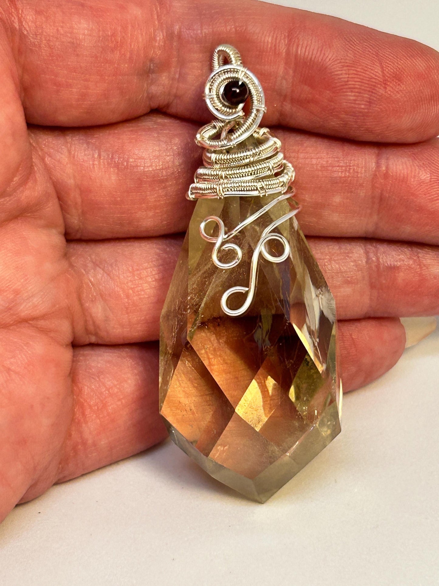 Faceted Citrine Pendant with Garnet Bead • Wire Wrapped Teardrop • Gift Box