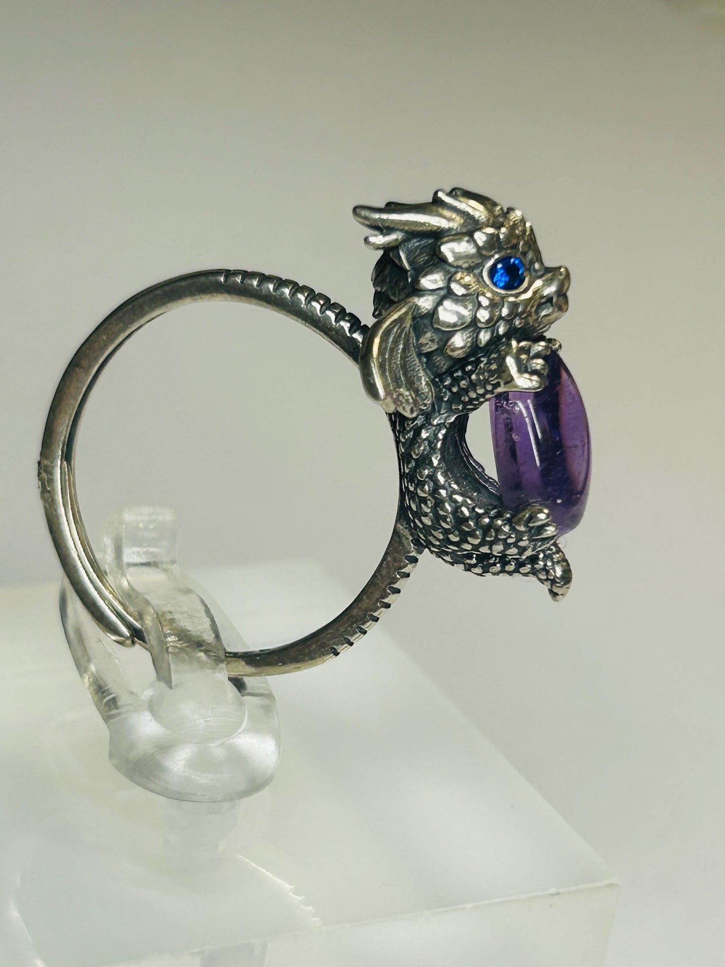 925 Silver Amethyst Ring • Baby Dragon Design • Adjustable • Giftbox