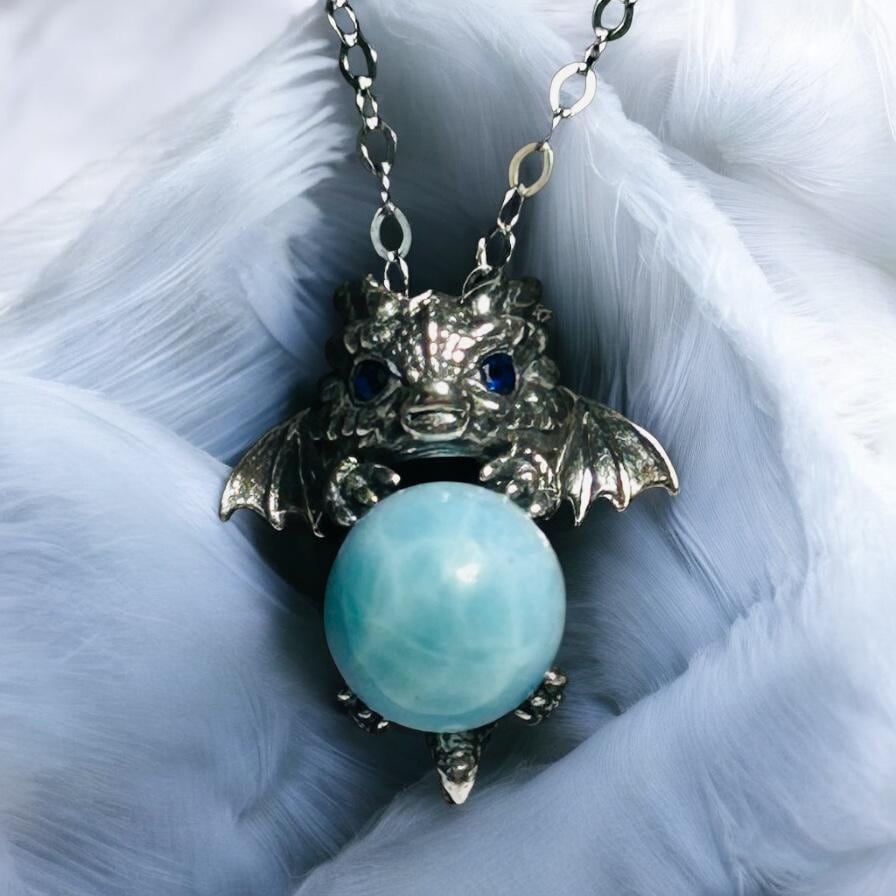 Sterling Silver Baby Dragon Pendant With Larimar Gemstone - 925 - Gift Boxed - Item No.2