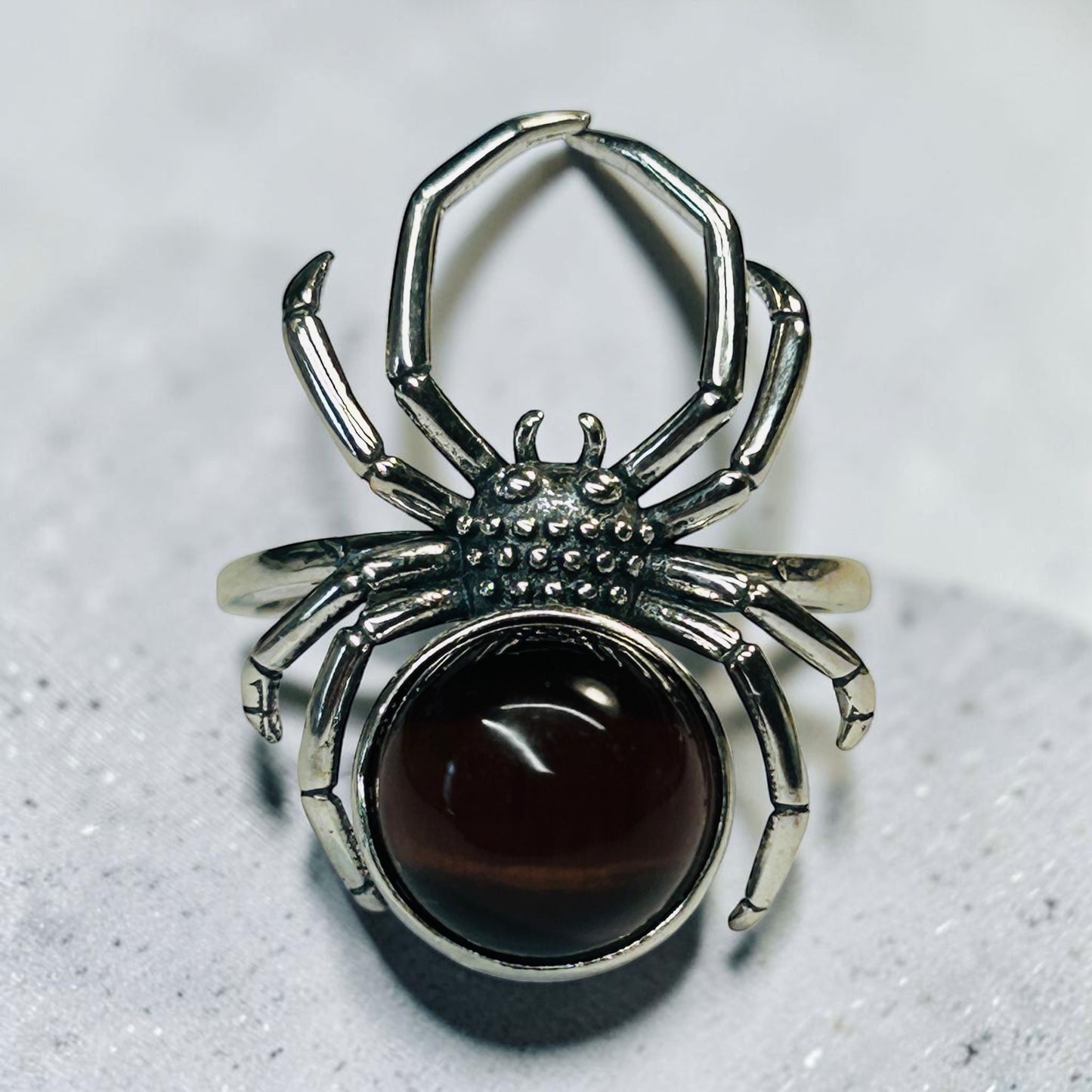 925 Silver Spider Ring with Red Tigers Eye Gemstone • Adjustable • Giftbox