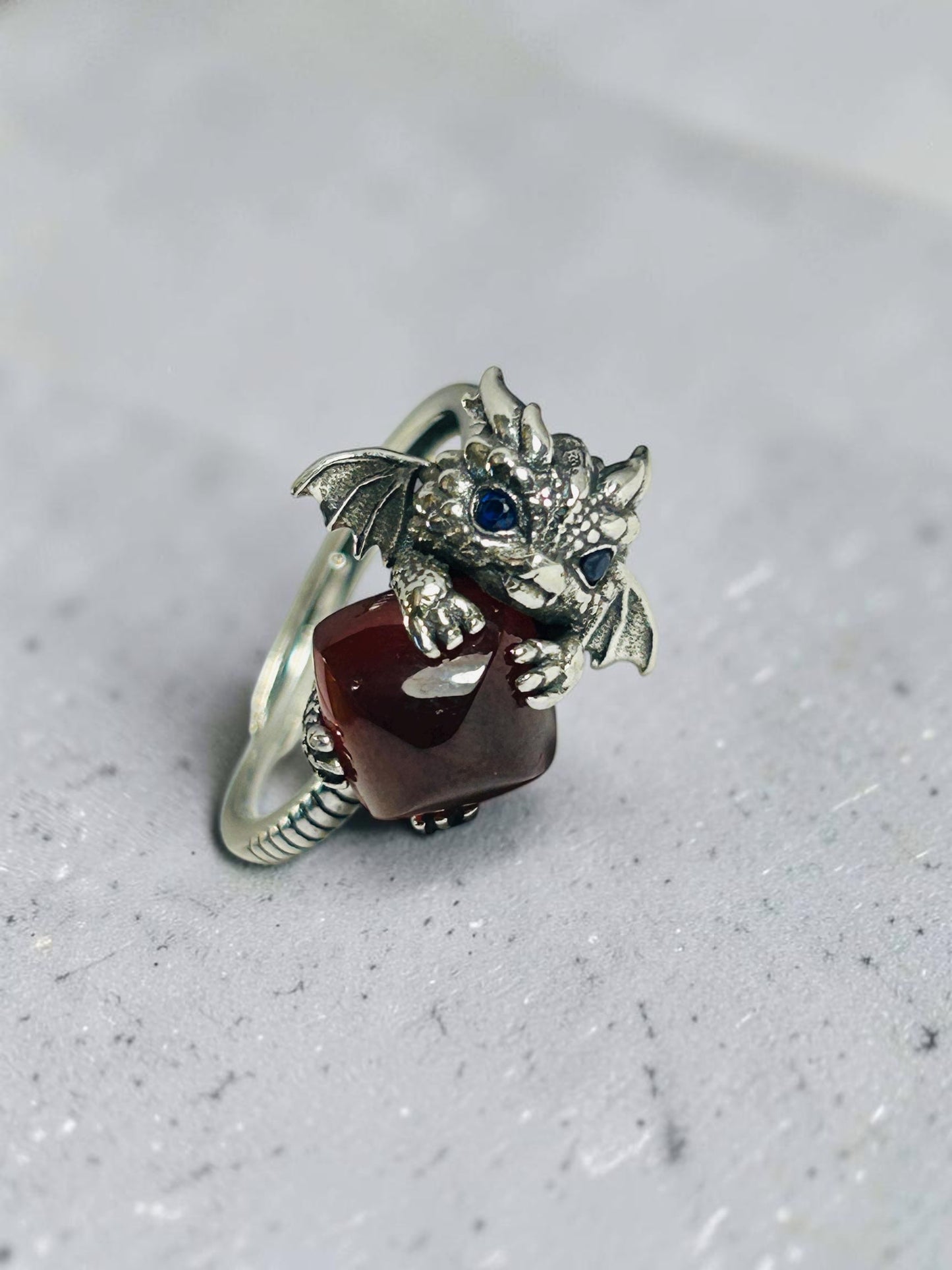 Baby Dragon Ring with Garnet Gemstone • 925 Sterling Silver • Adjustable • Gift box
