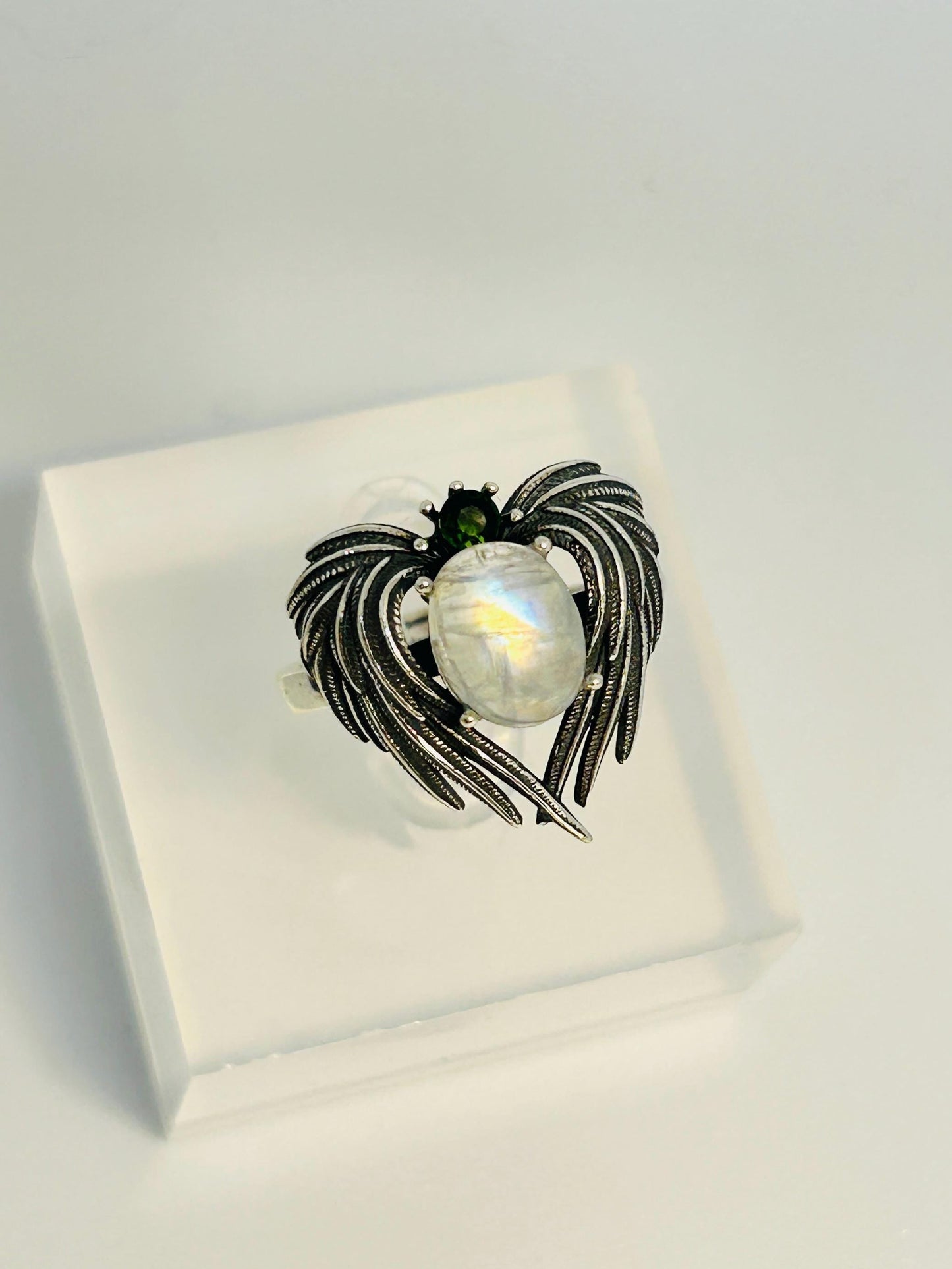 Angel Wings Ring with Labradorite & Diopside • 925 Sterling Silver • Adjustable • Gift Box