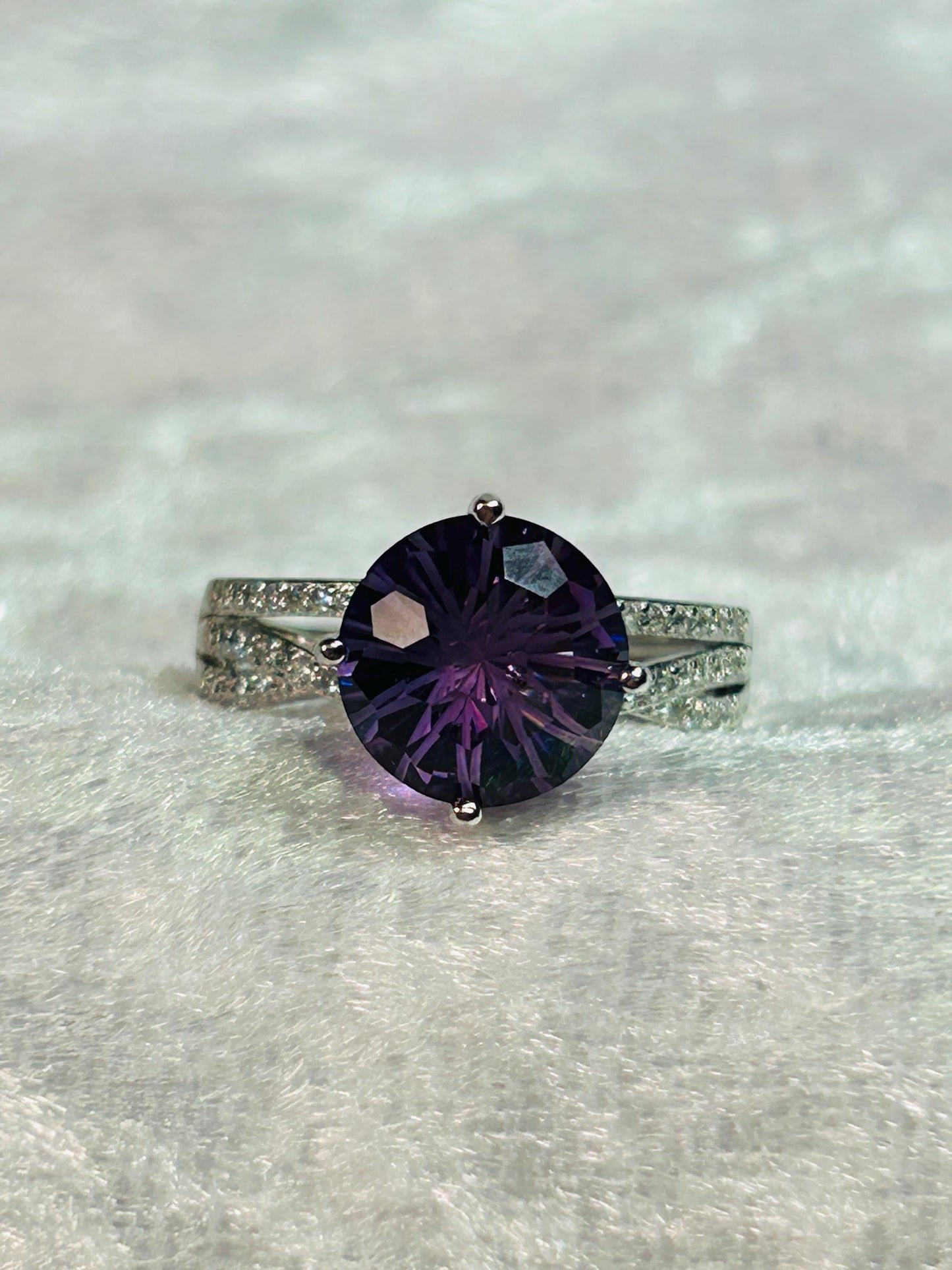 Chunky Amethyst Ring • Large Solitaire • CZ Triple Band • 925 Sterling Silver • Adjustable • Gift Box